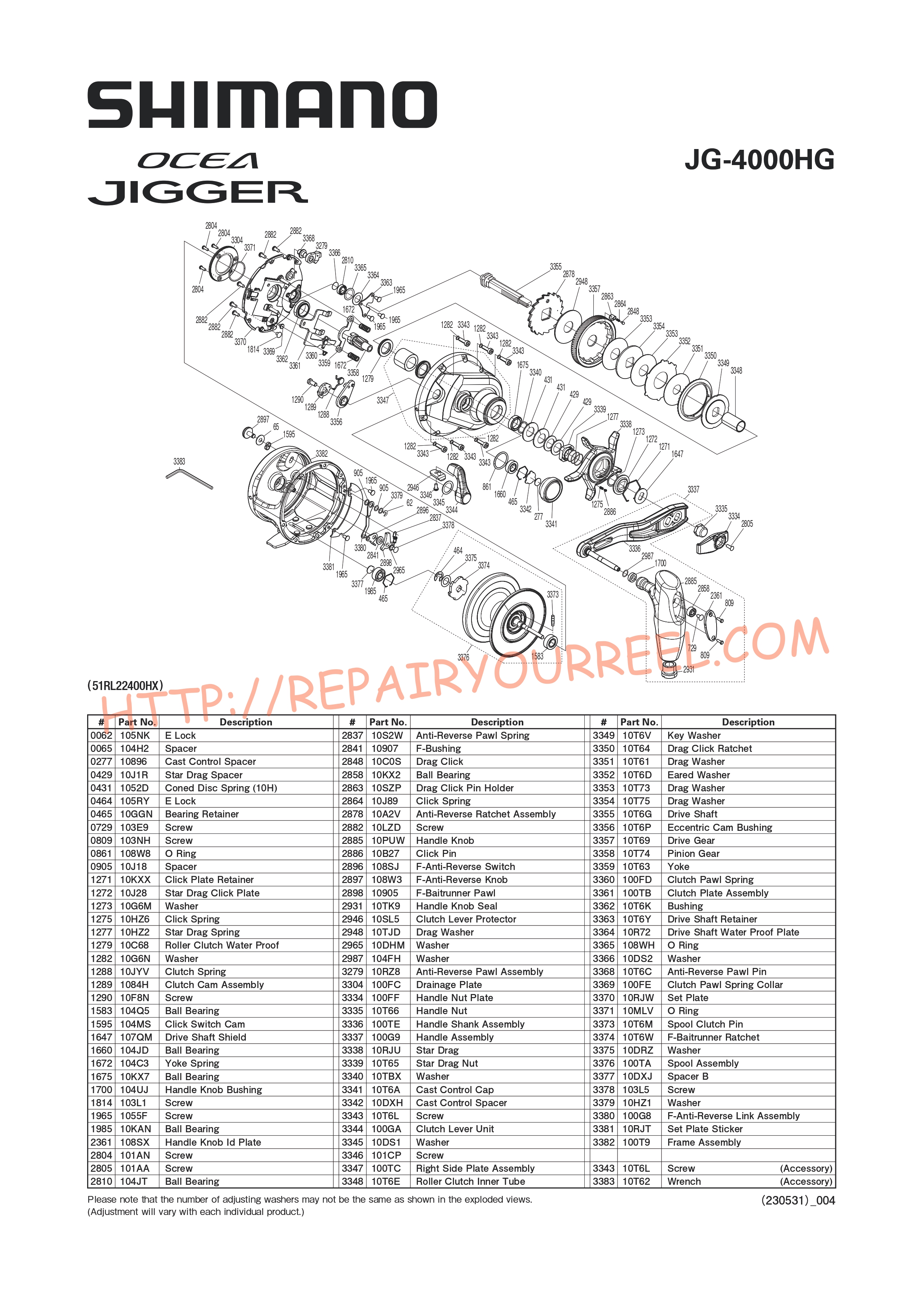 Vue éclatée du Shimano OCEA JIGGER 4000HG (2020)