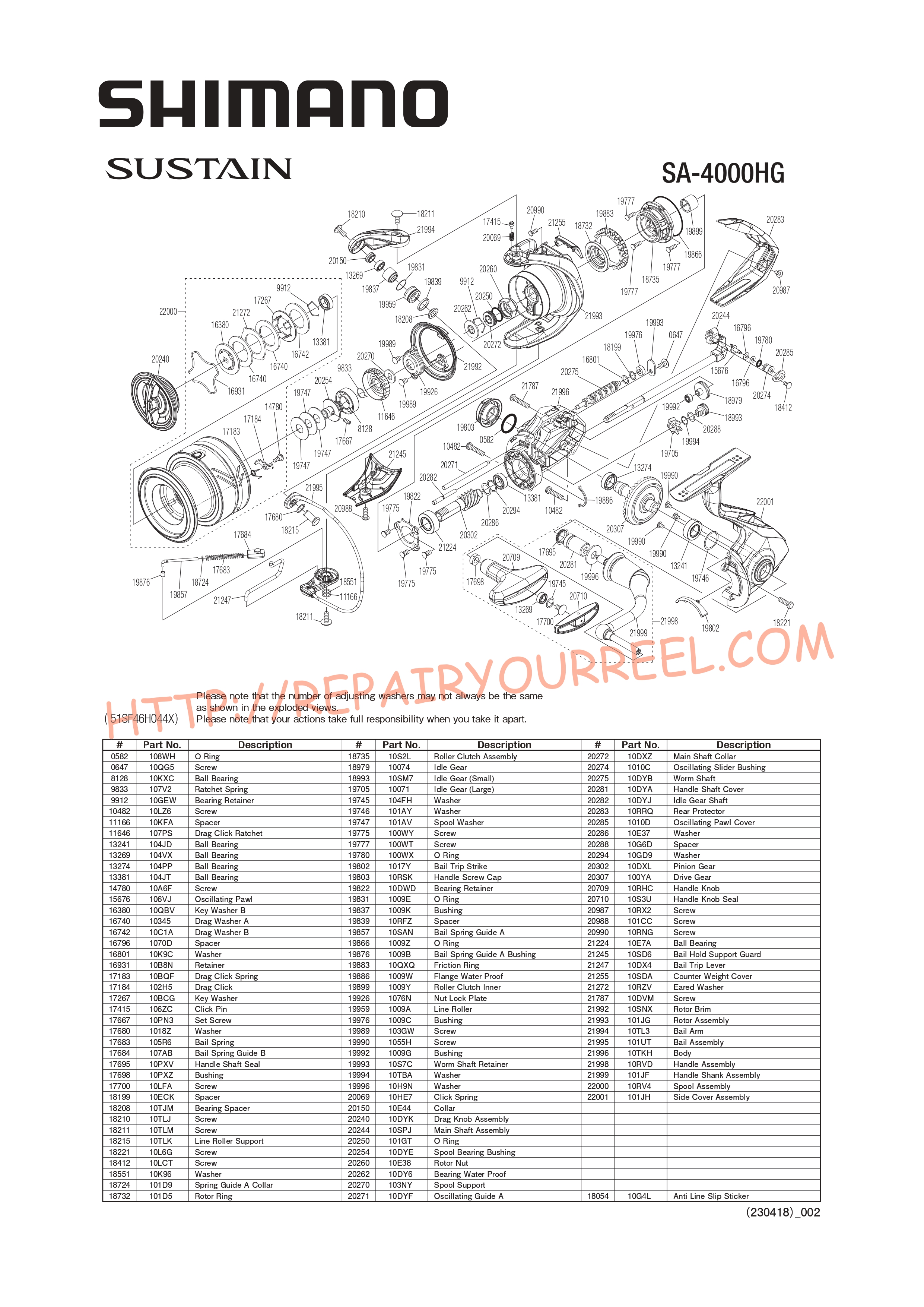 Vue éclatée du Shimano SUSTAIN 4000HGFJ (2021)