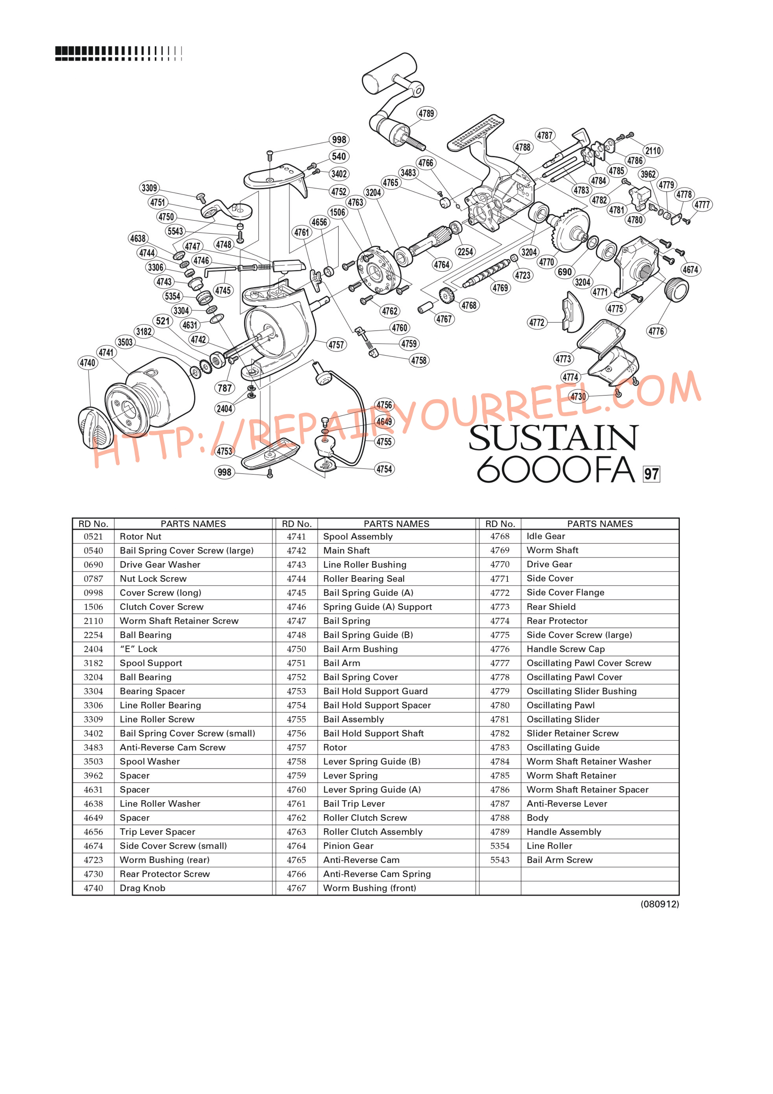 Vue éclatée du Shimano SUSTAIN 6000FA (1997)