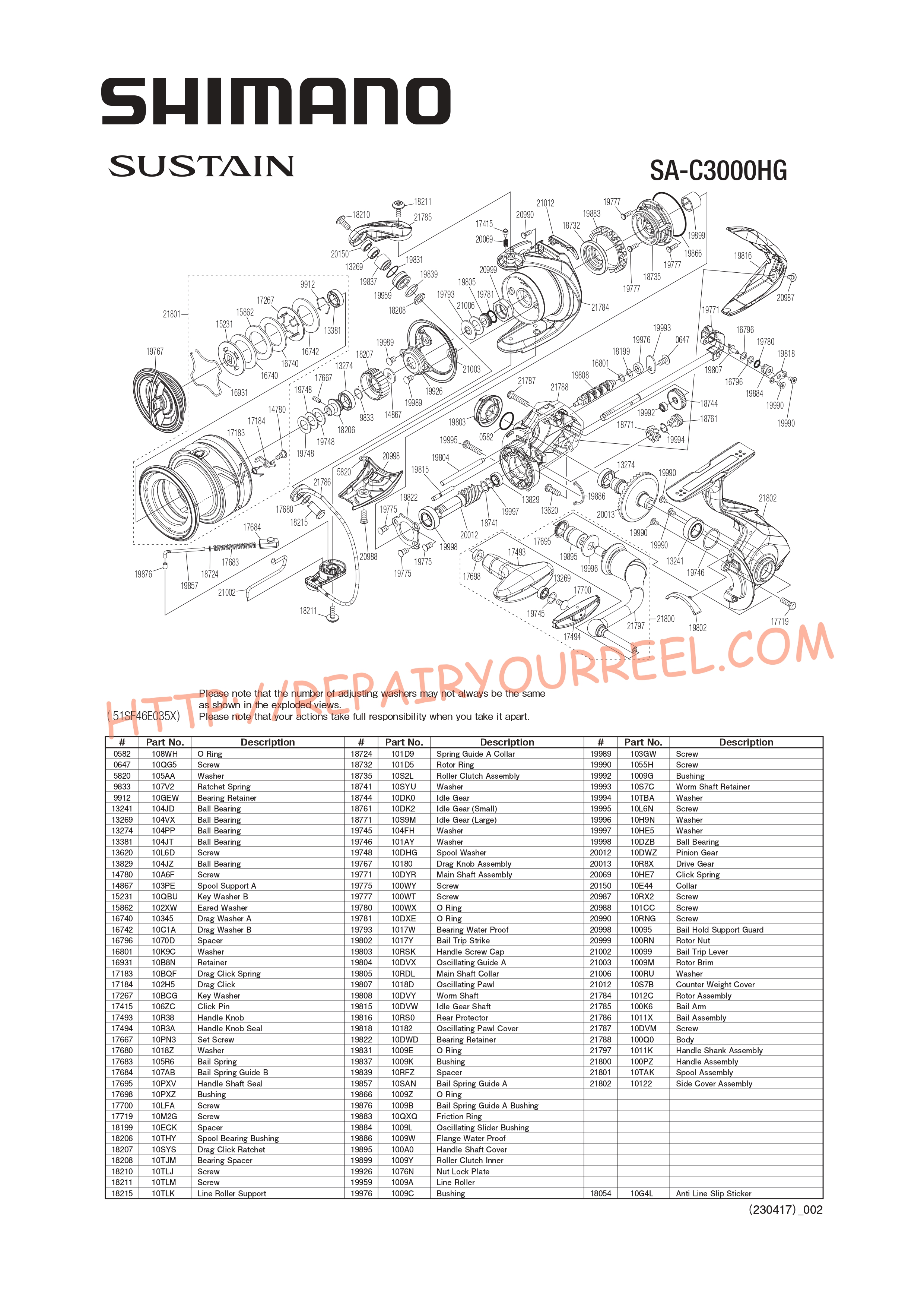 Vue éclatée du Shimano SUSTAIN C3000HGFJ (2021)