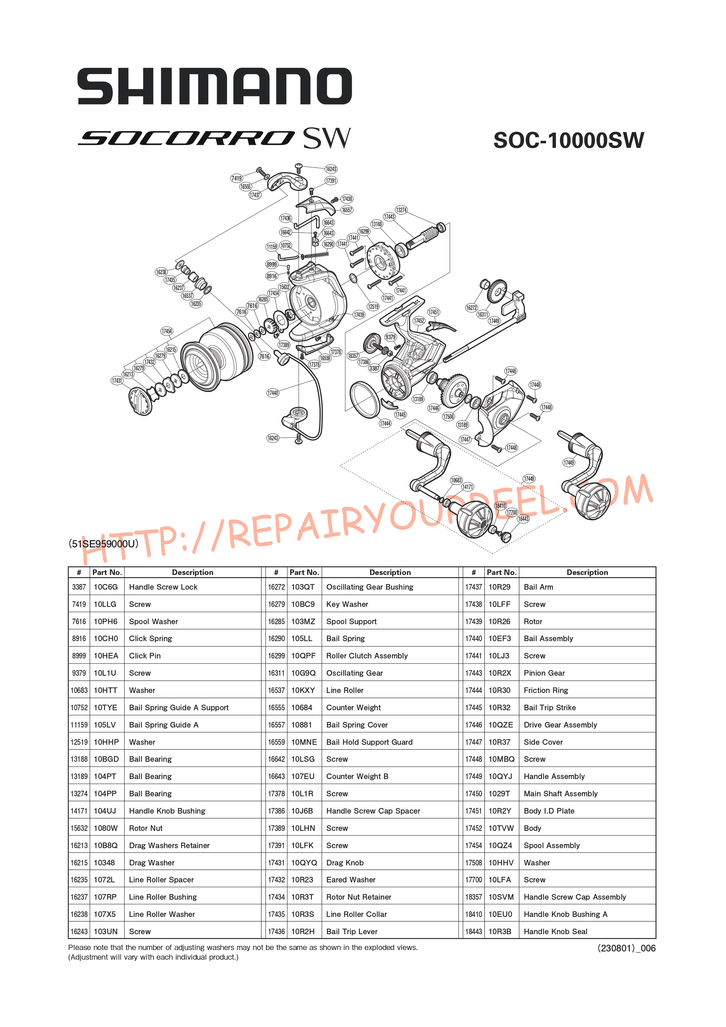 Vue éclatée du Shimano SOCORRO 10000SW (2016)