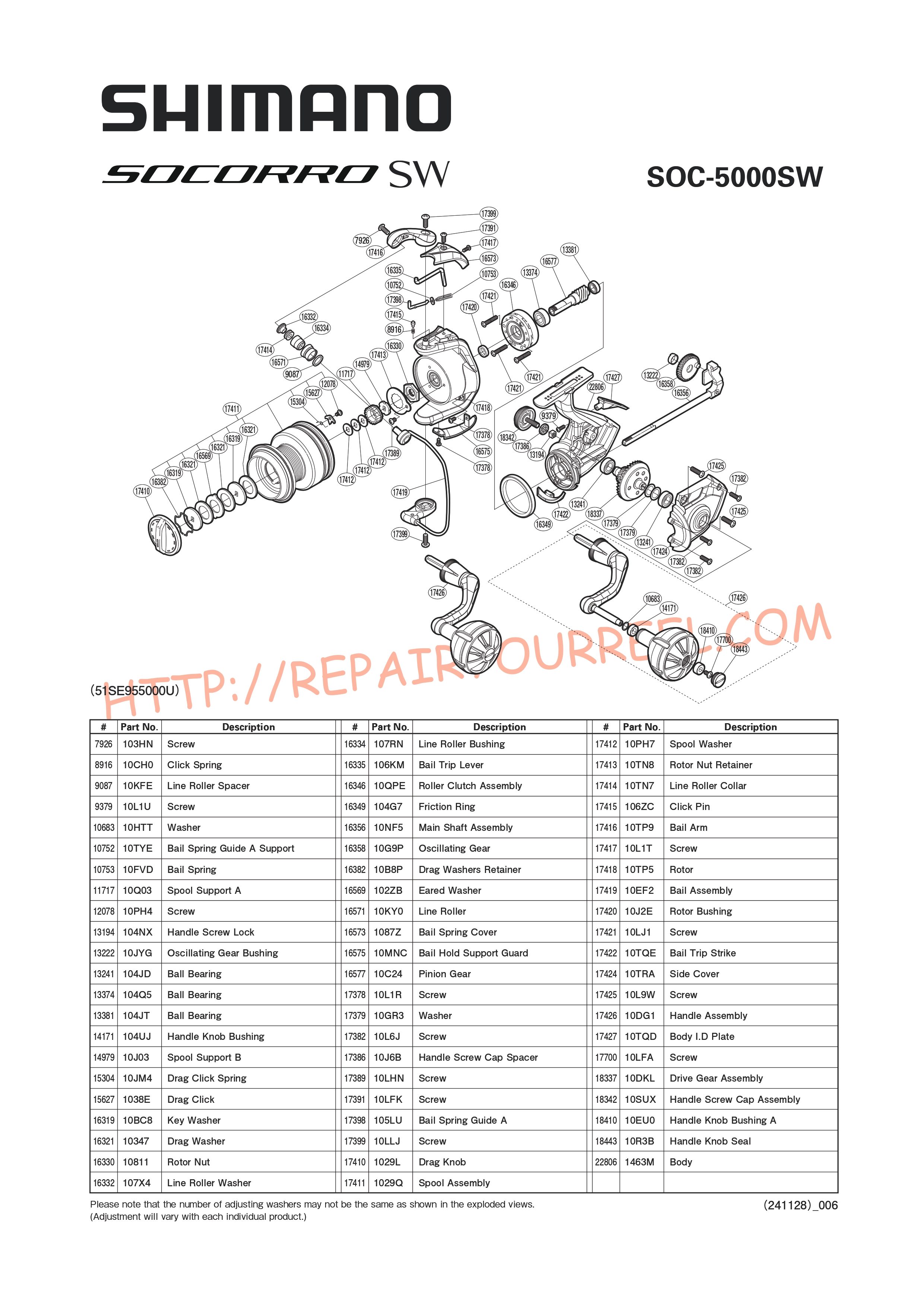 Vue éclatée du Shimano SOCORRO 5000SW (2016)