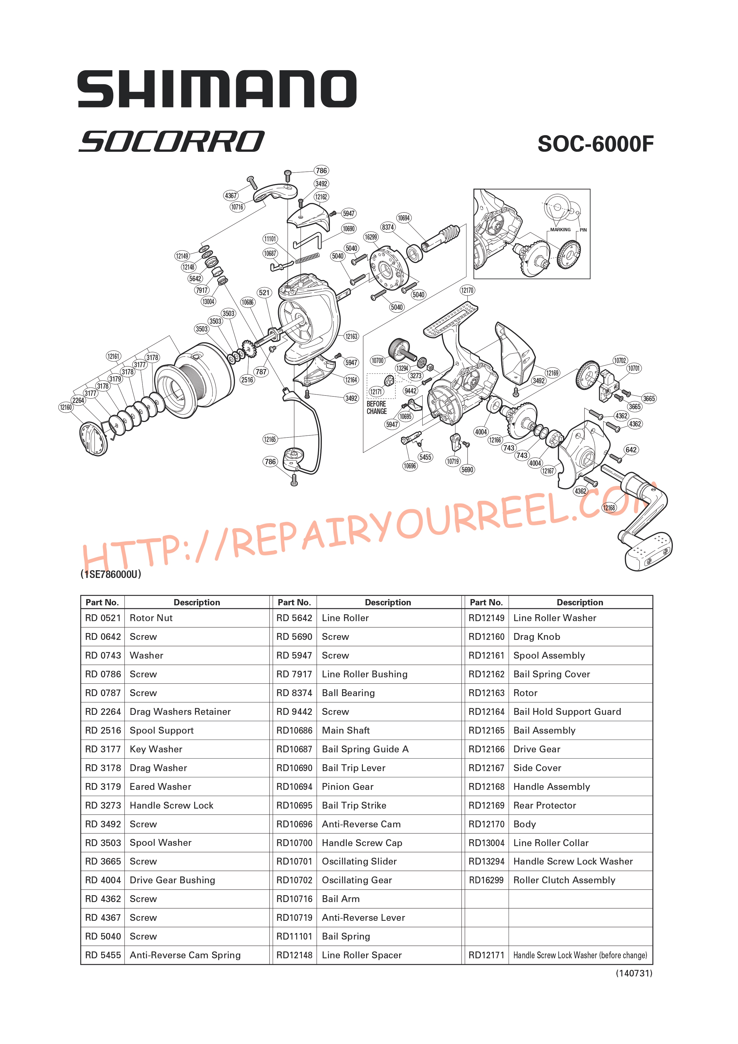 Vue éclatée du Shimano SOCORRO 6000F (2008)