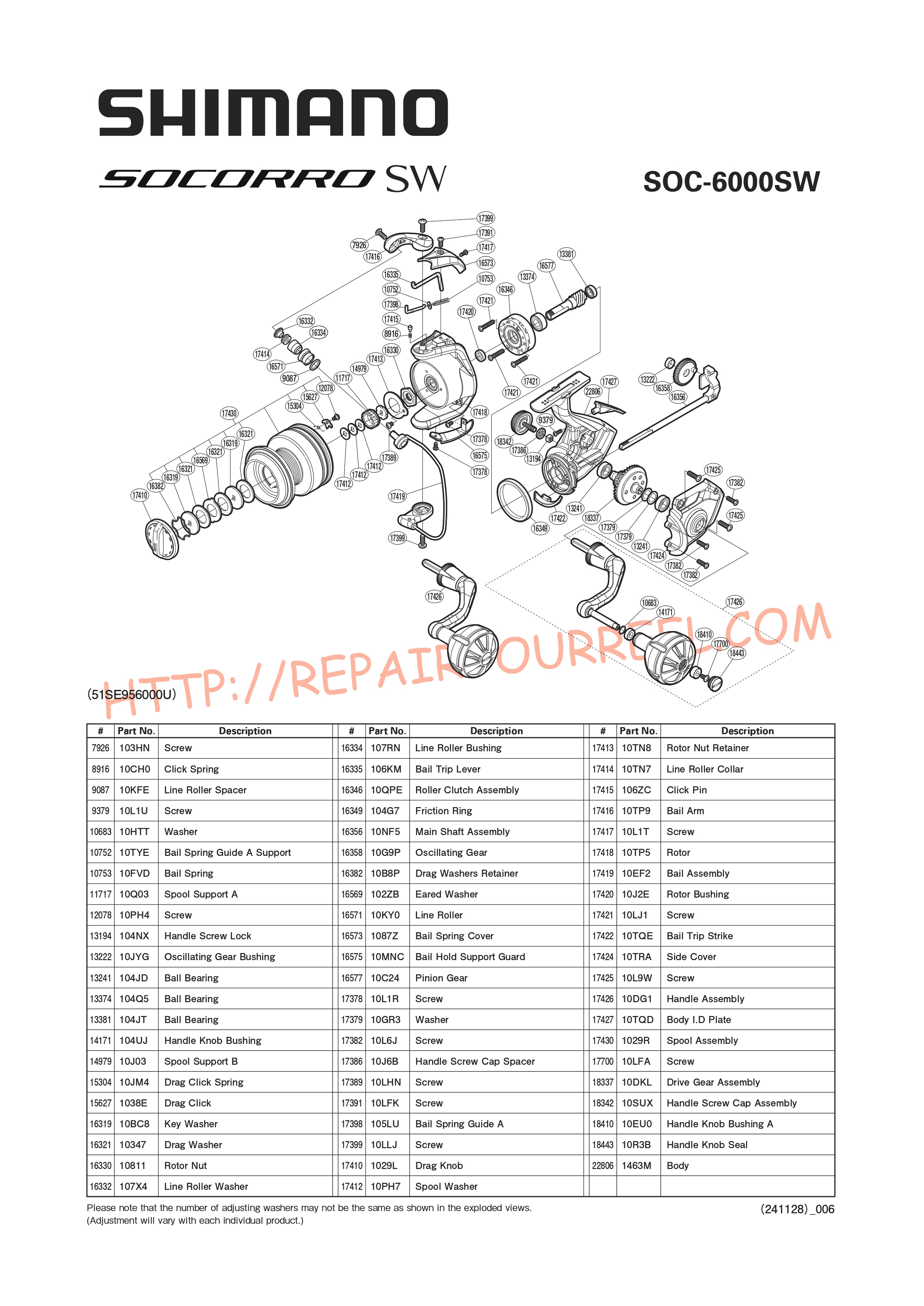 Vue éclatée du Shimano SOCORRO 6000SW (2016)