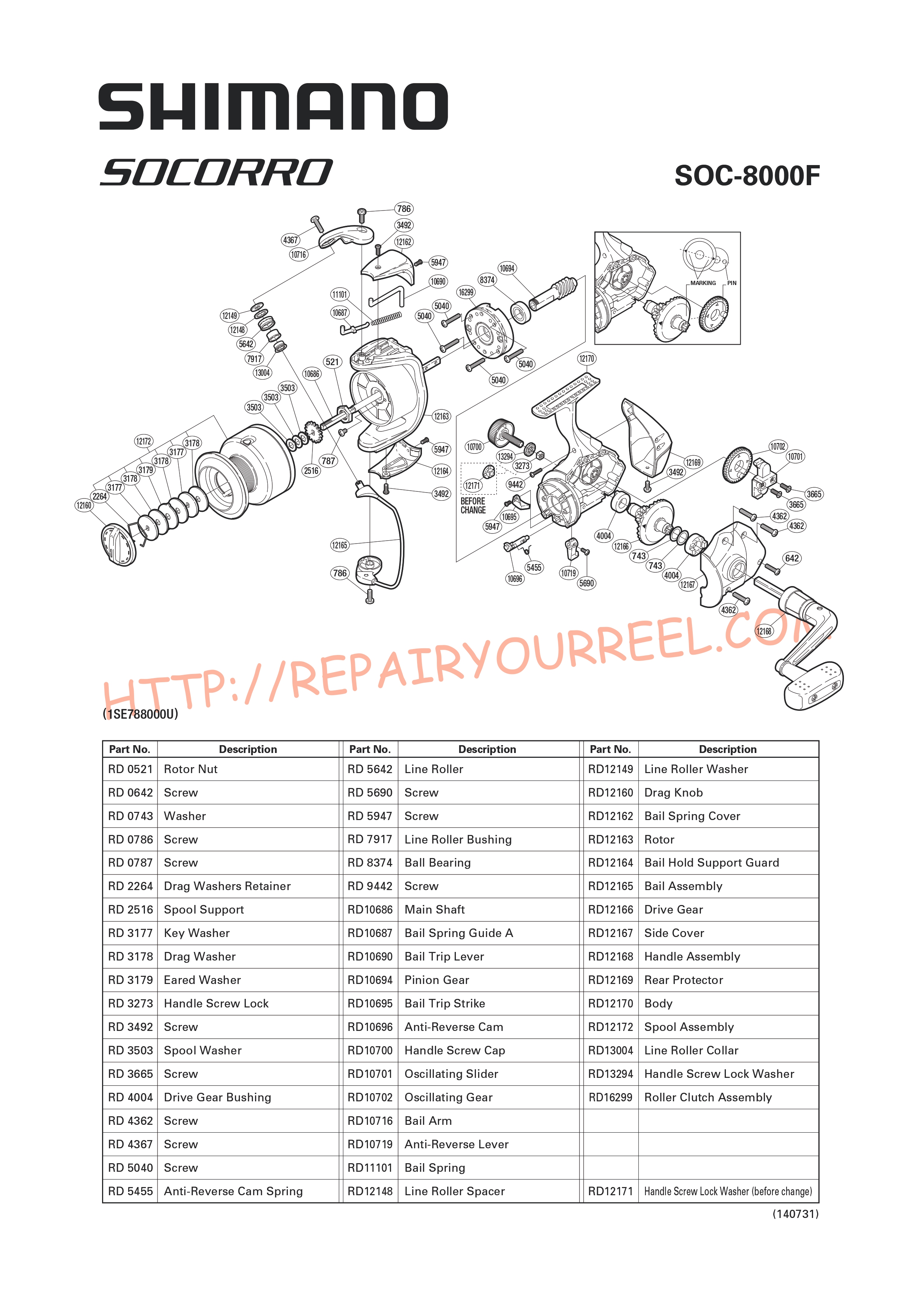 Vue éclatée du Shimano SOCORRO 8000F (2008)