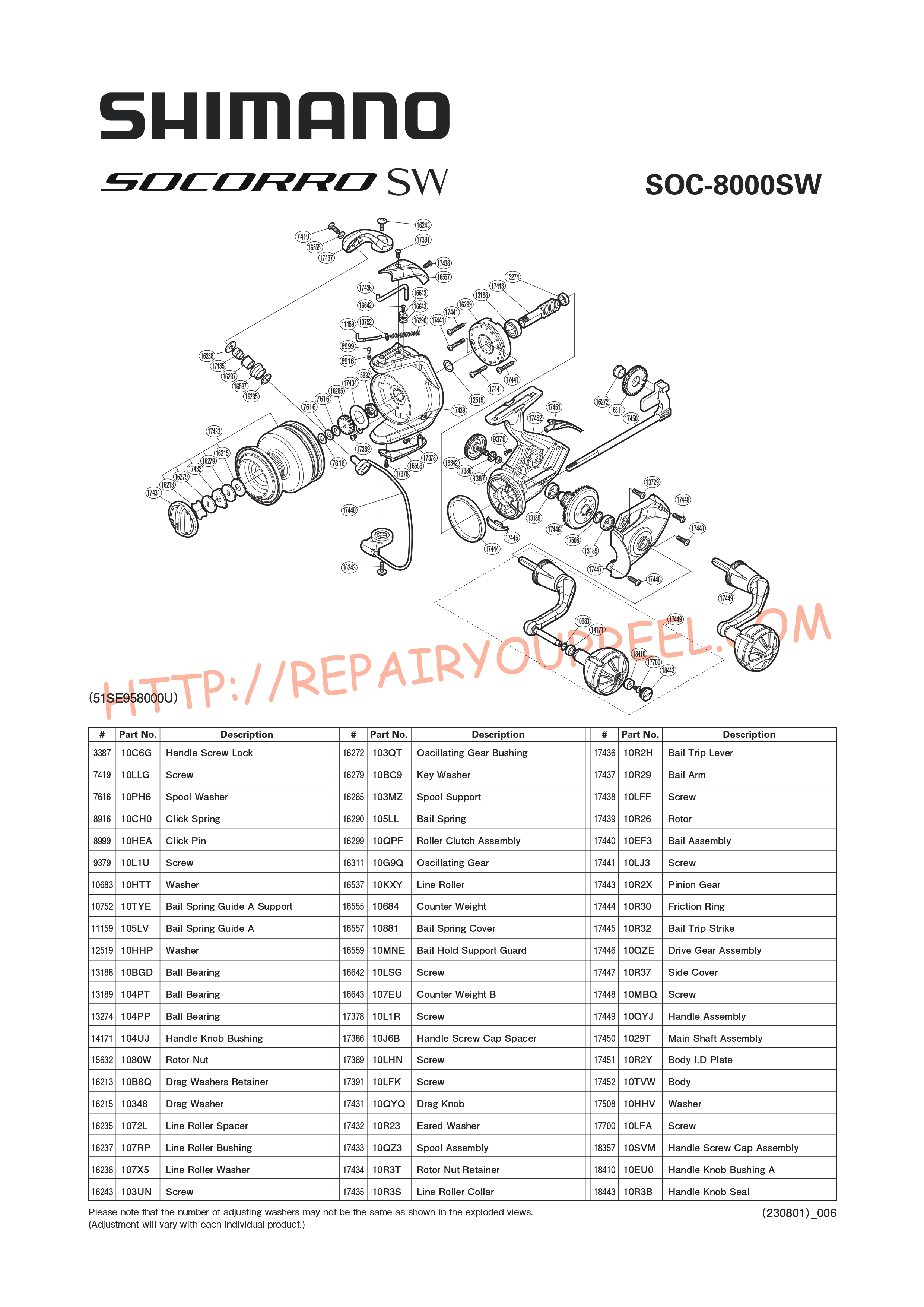 Vue éclatée du Shimano SOCORRO 8000SW (2016)