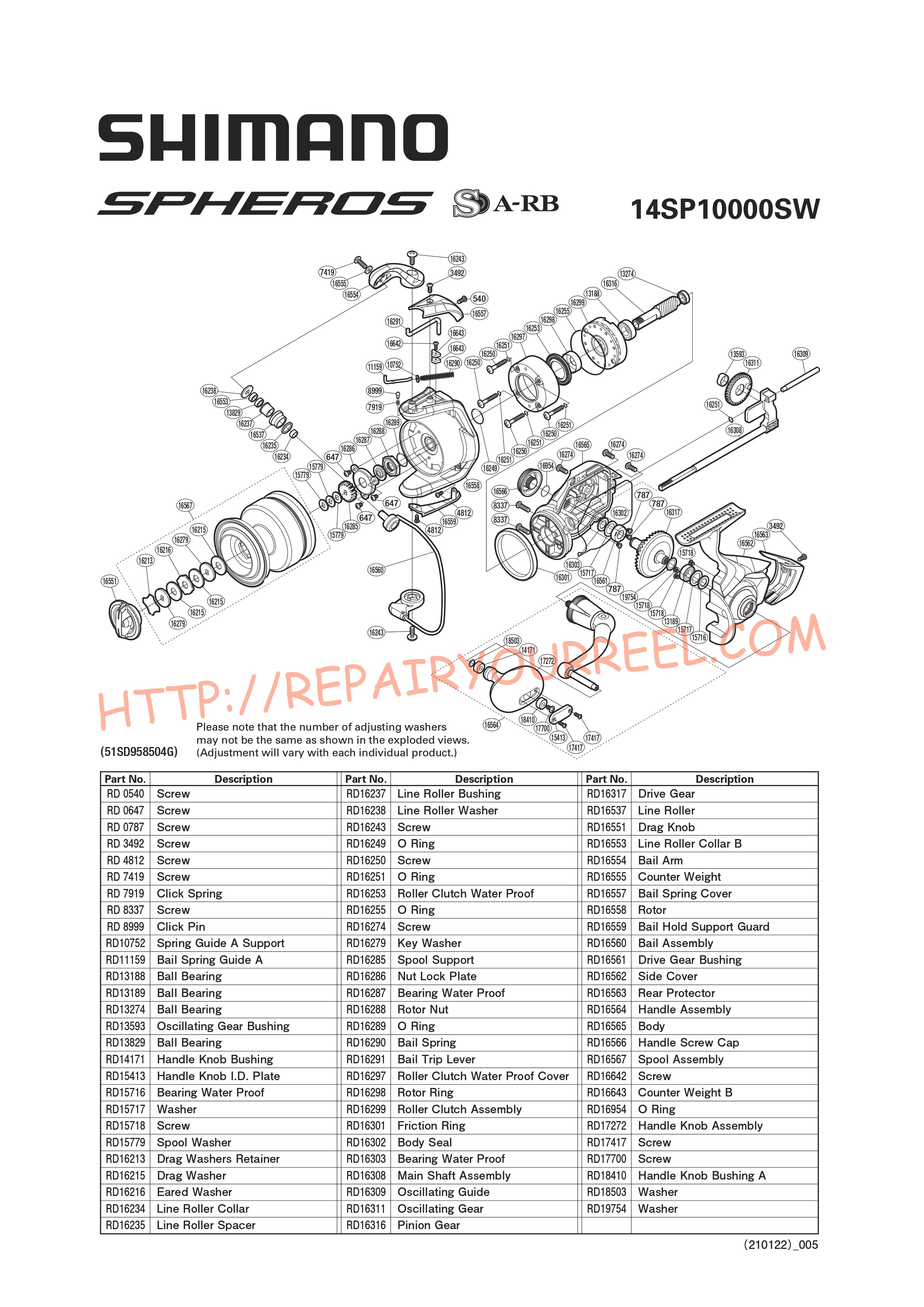 Vue éclatée du Shimano SPHEROS 10000SW (2014)