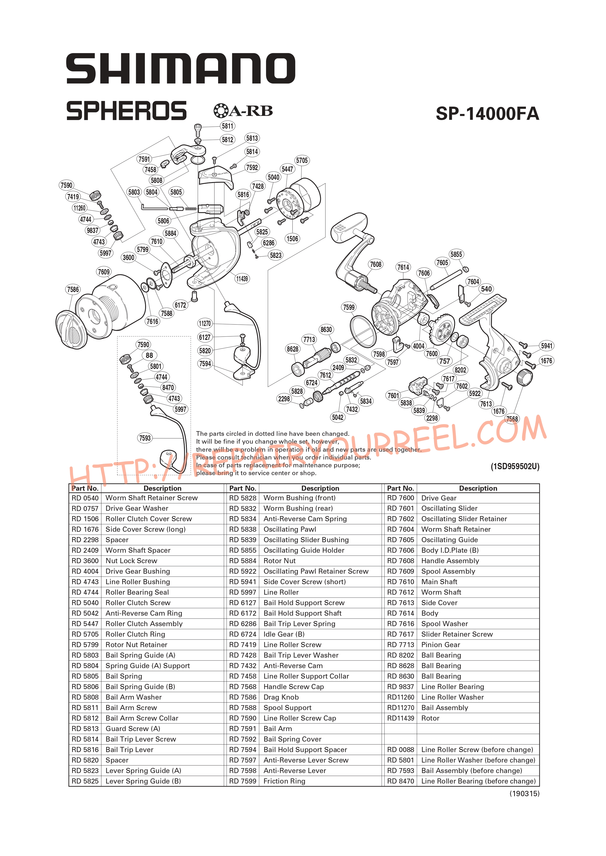 Vue éclatée du Shimano SPHEROS 14000FA (2002)