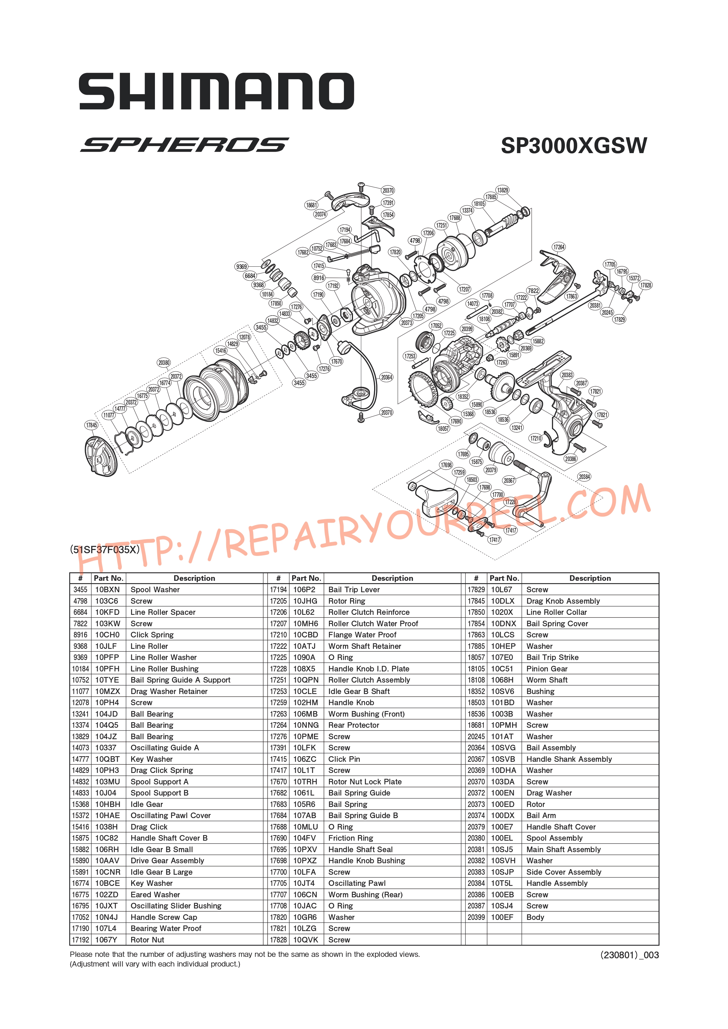 Vue éclatée du Shimano SPHEROS SW3000XG (2019)