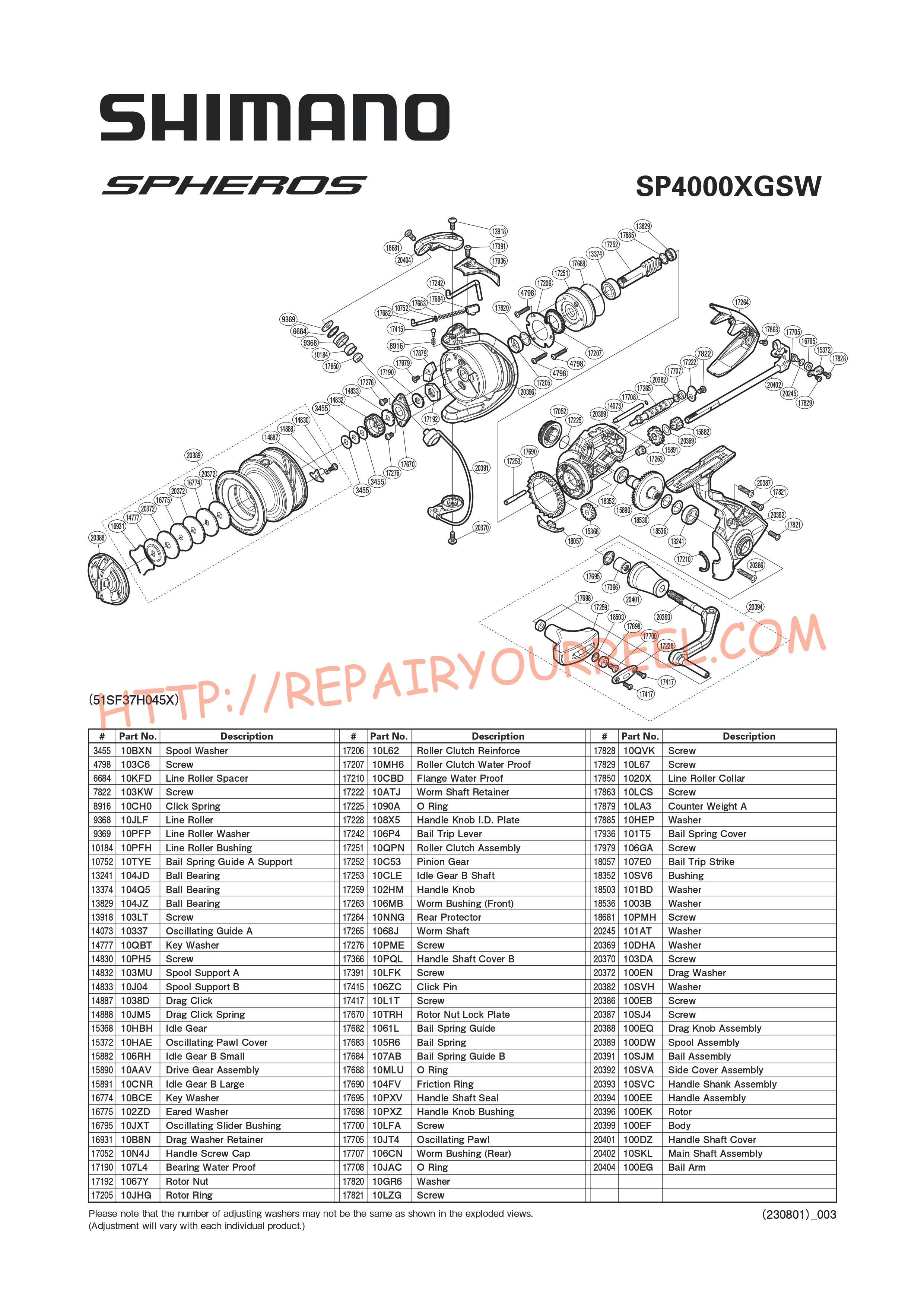 Vue éclatée du Shimano SPHEROS SW4000XG (2019)