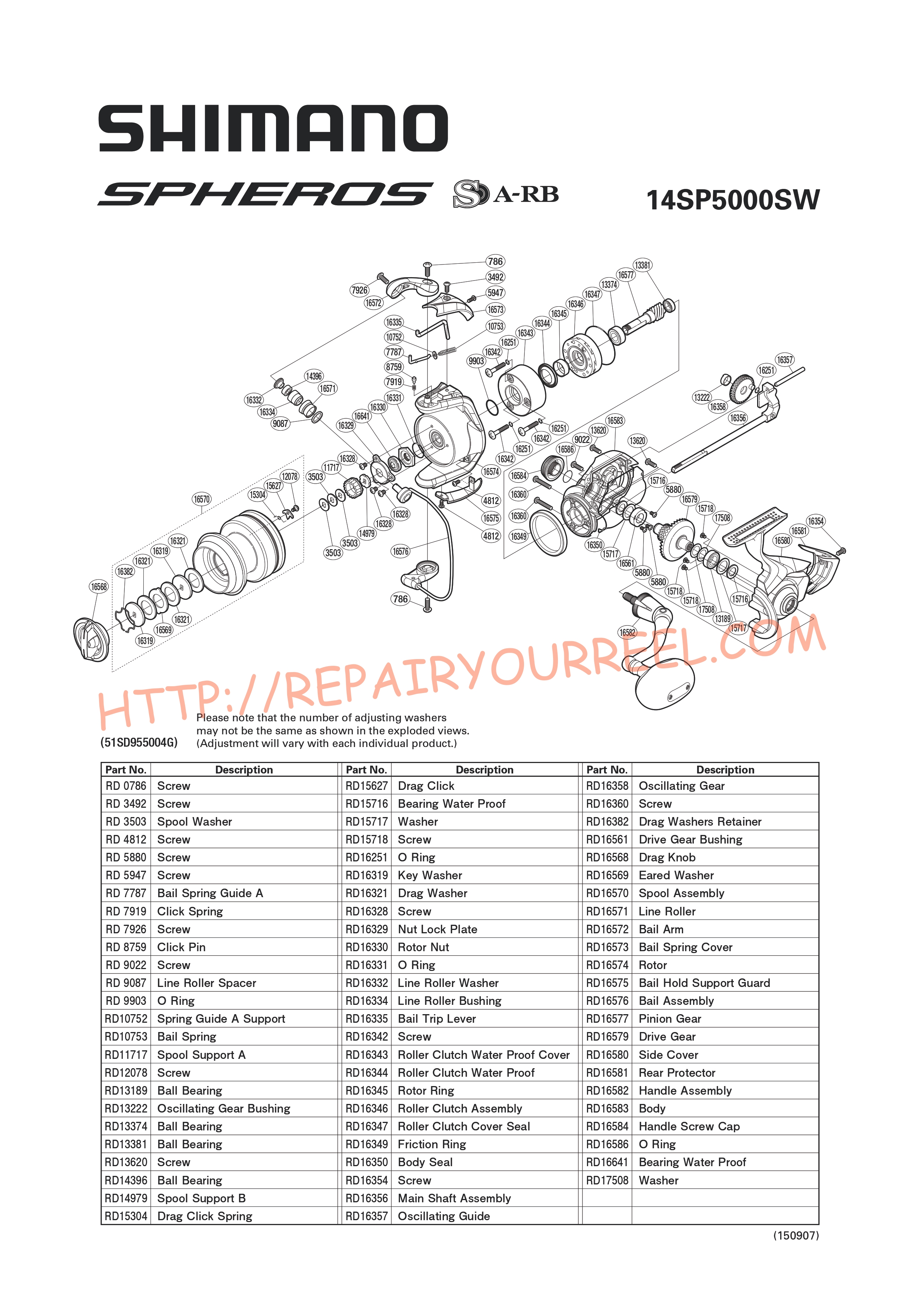 Vue éclatée du Shimano SPHEROS 5000SW (2014)