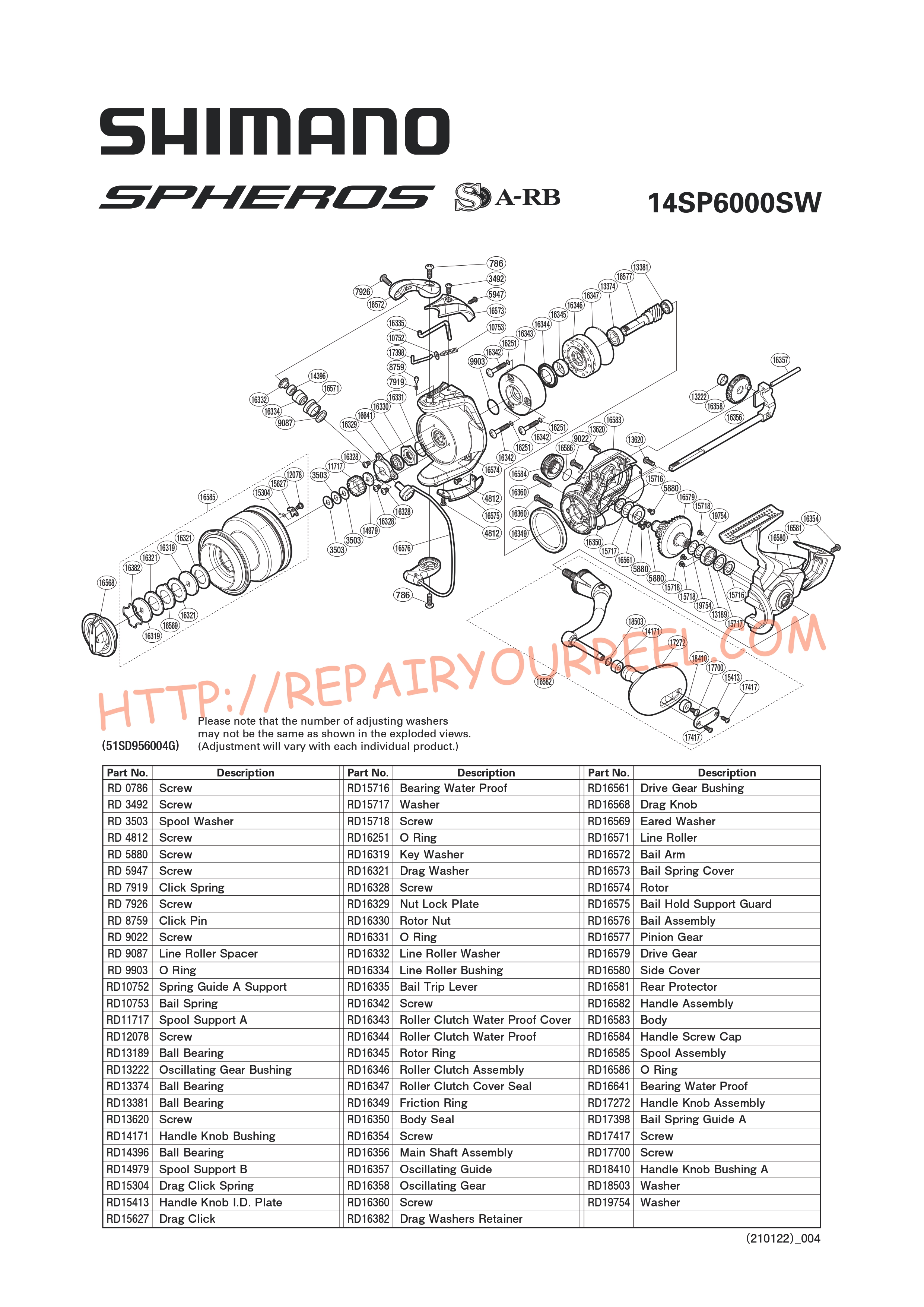 Vue éclatée du Shimano SPHEROS 6000SW (2014)