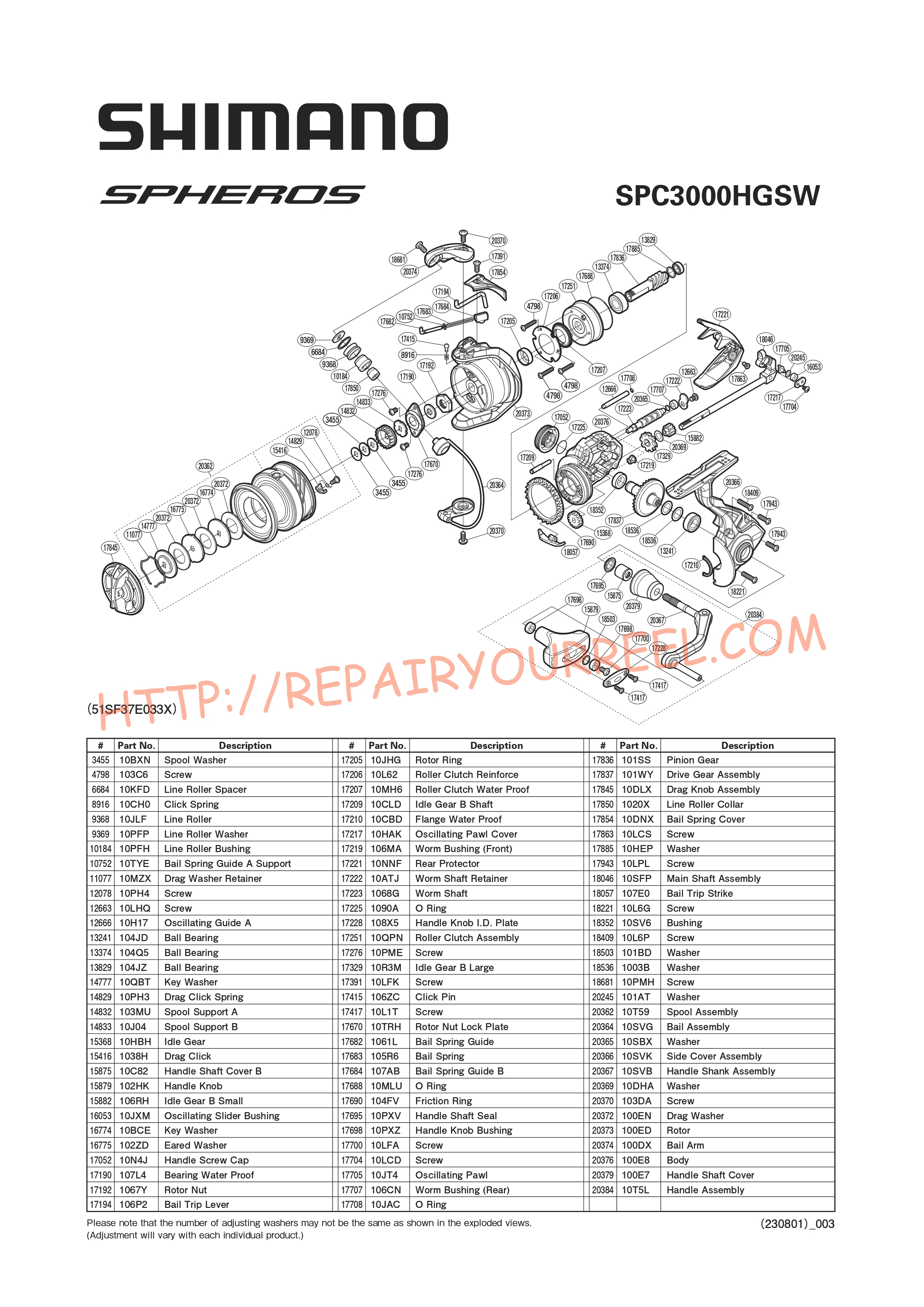 Vue éclatée du Shimano SPHEROS SW3000HGC (2019)