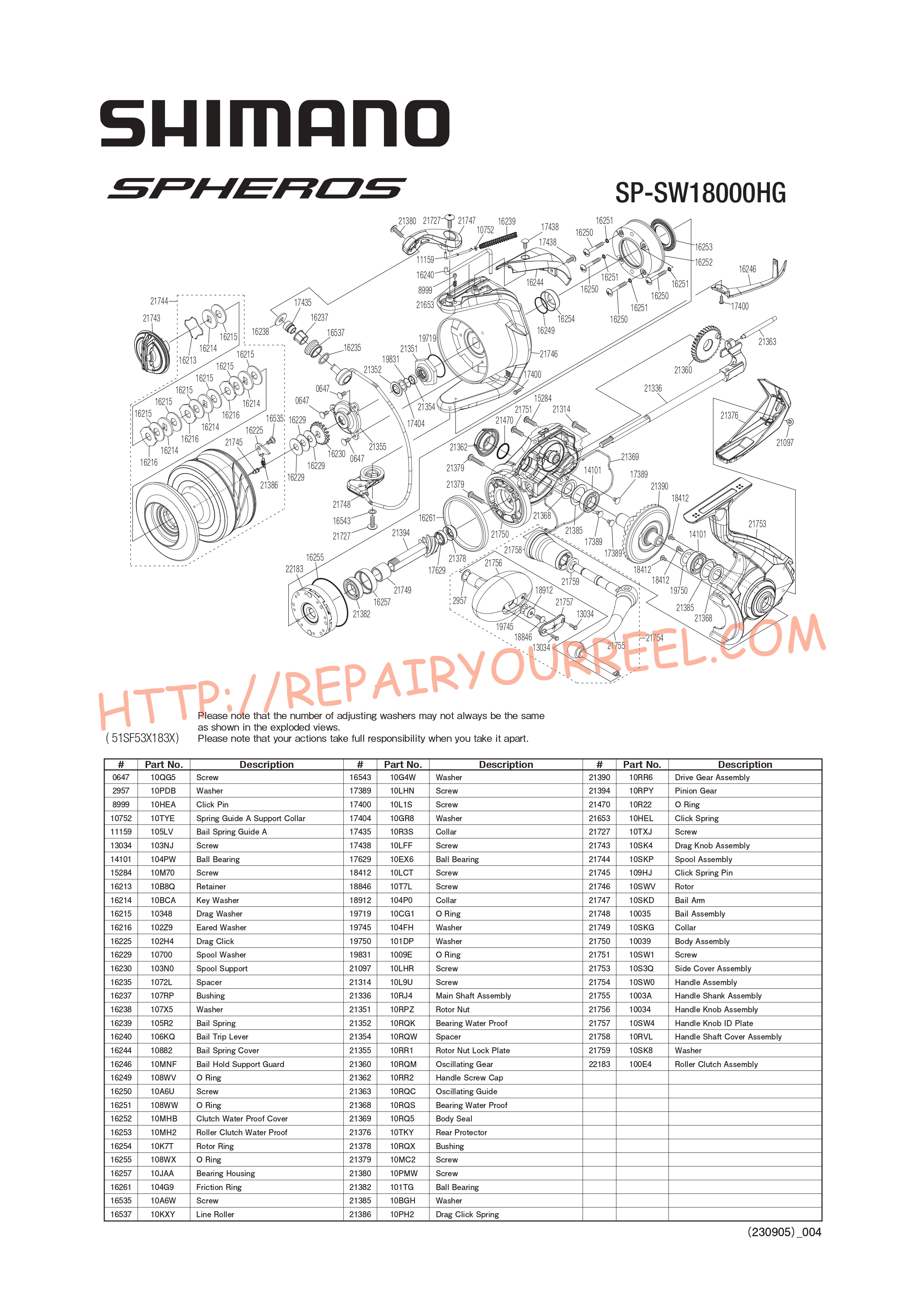 Vue éclatée du Shimano SPHEROS SW18000HGA (2021)
