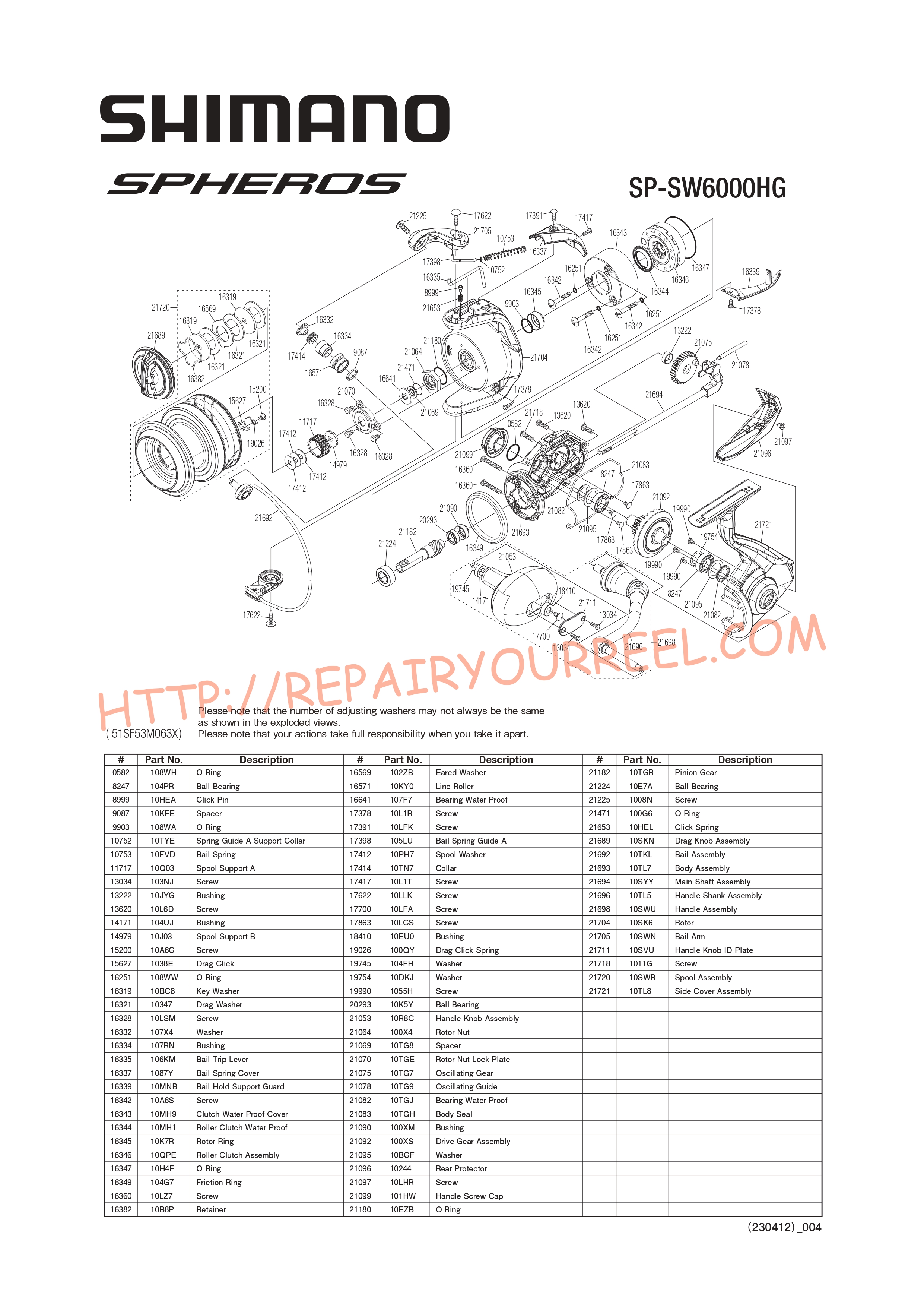 Vue éclatée du Shimano SPHEROS SW6000HGA (2021)