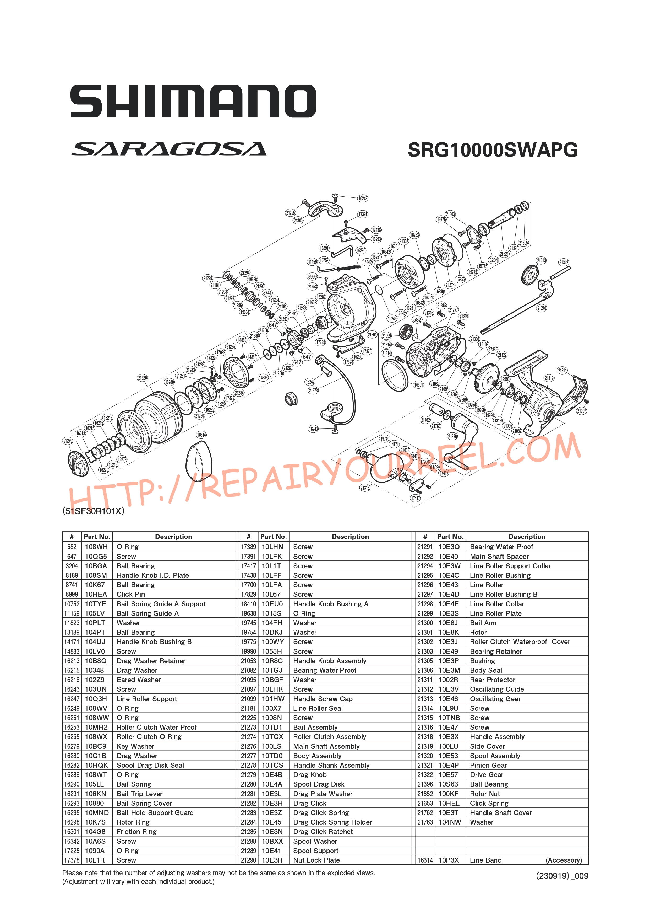 Vue éclatée du Shimano SARAGOSA SW10000PGA (2020)