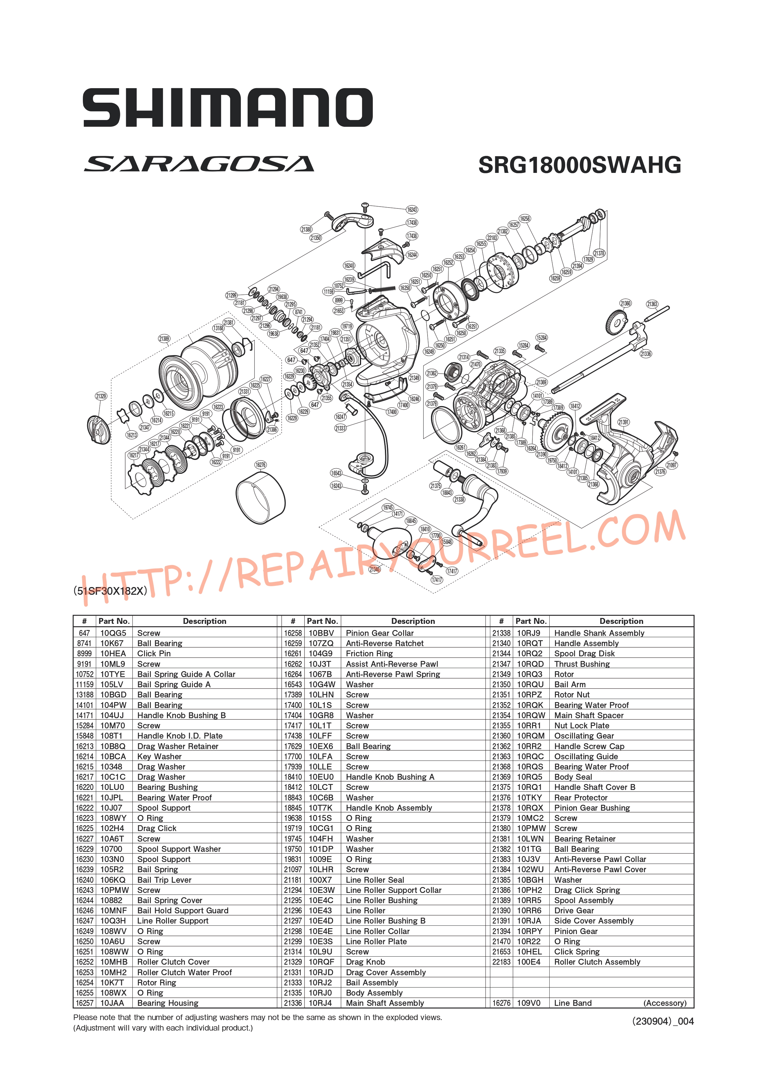 Vue éclatée du Shimano SARAGOSA SW18000HGA (2020)