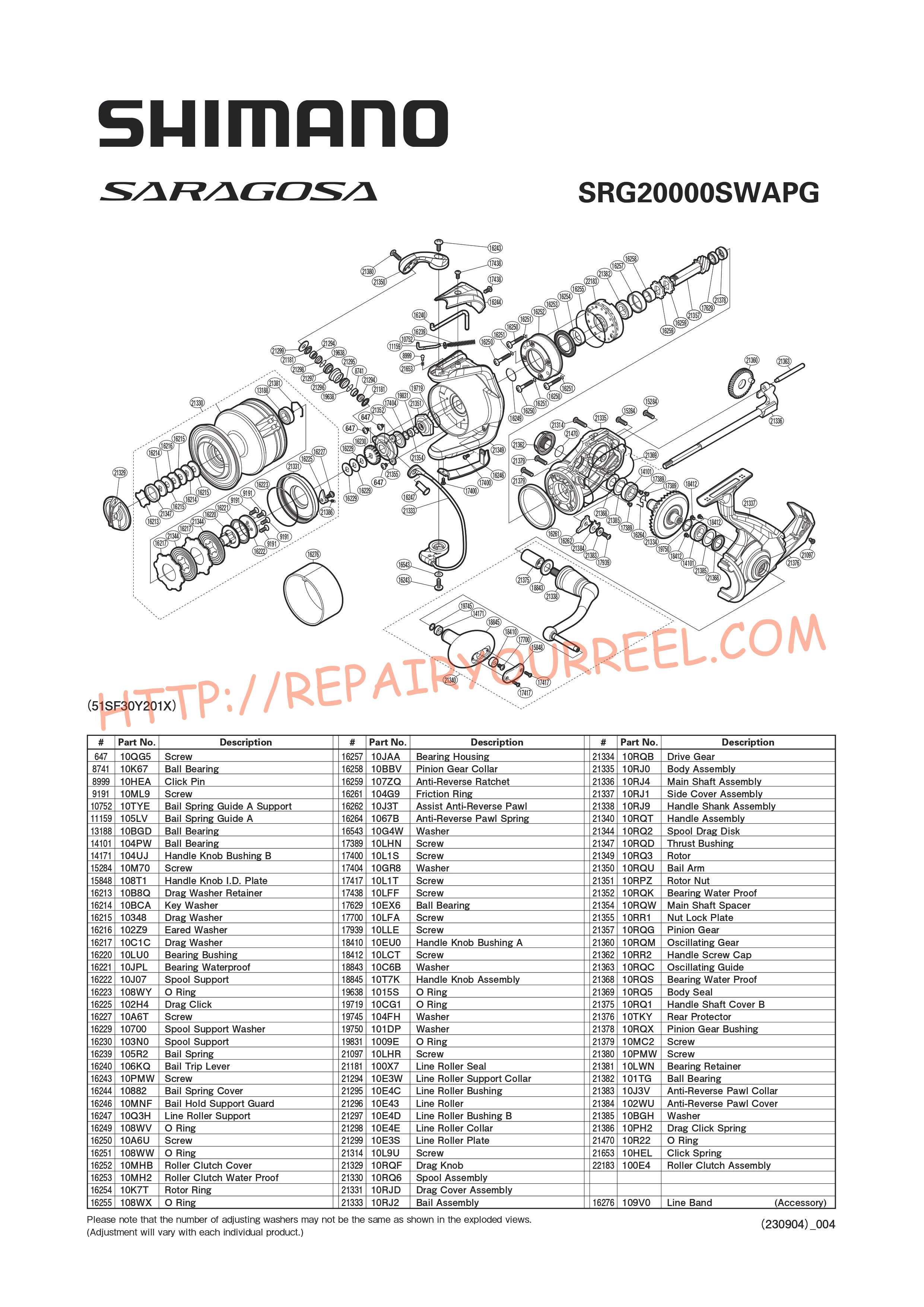 Vue éclatée du Shimano SARAGOSA SW20000PGA (2020)