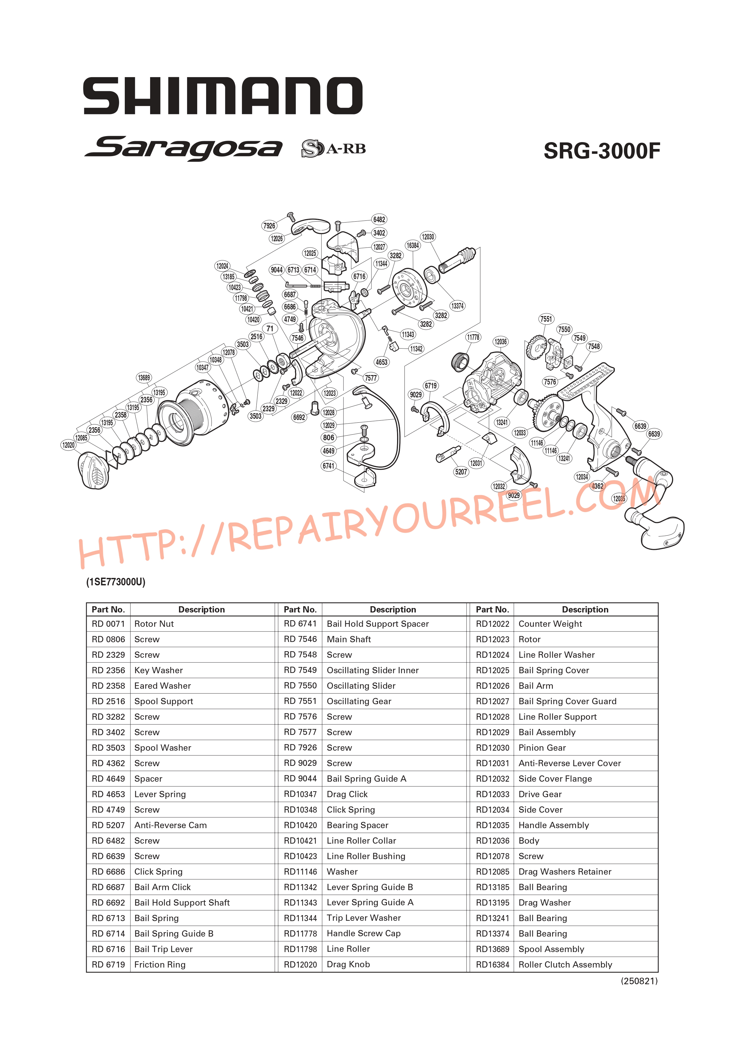 Vue éclatée du Shimano SARAGOSA 3000F (2008)