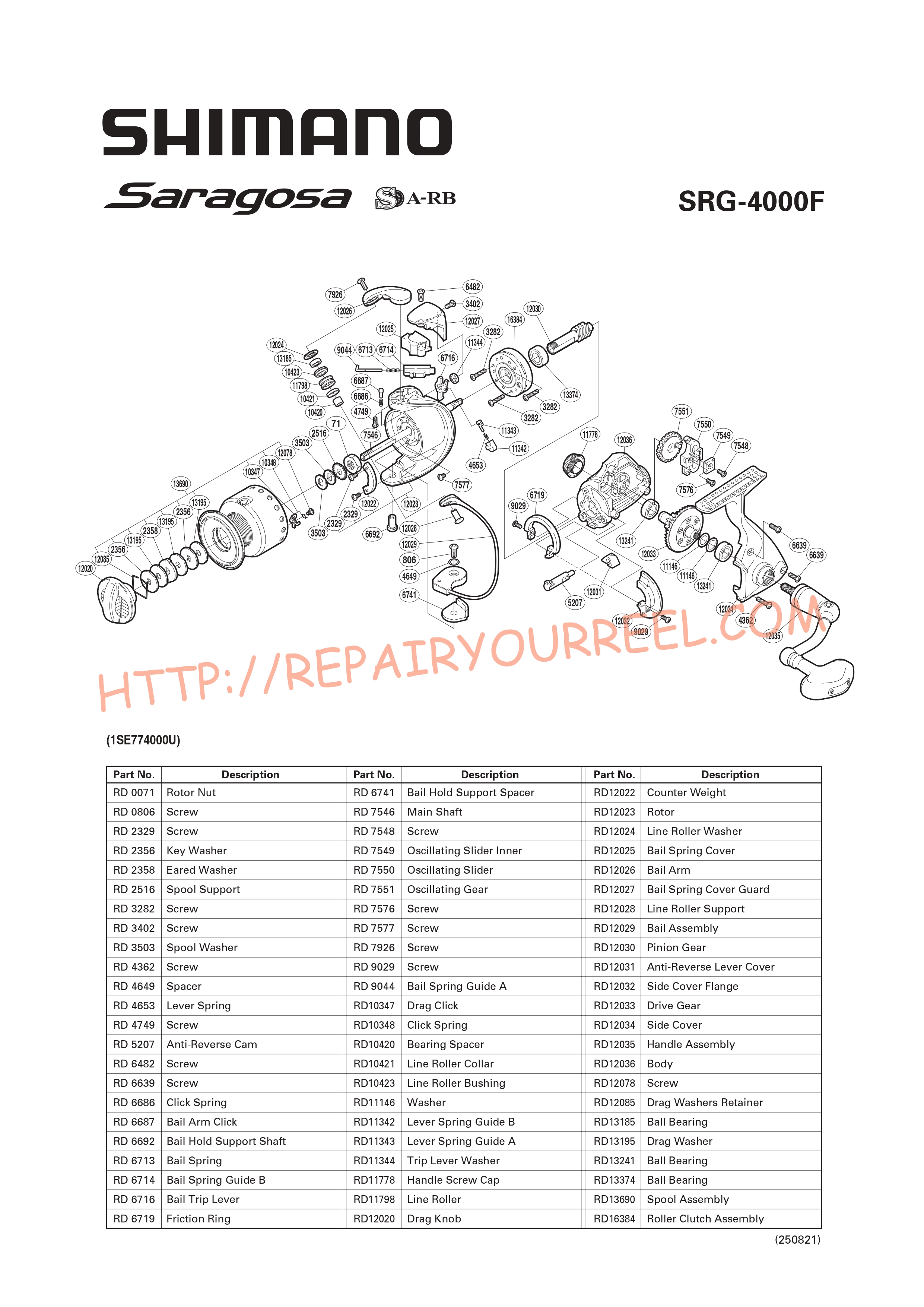 Vue éclatée du Shimano SARAGOSA 4000F (2008)