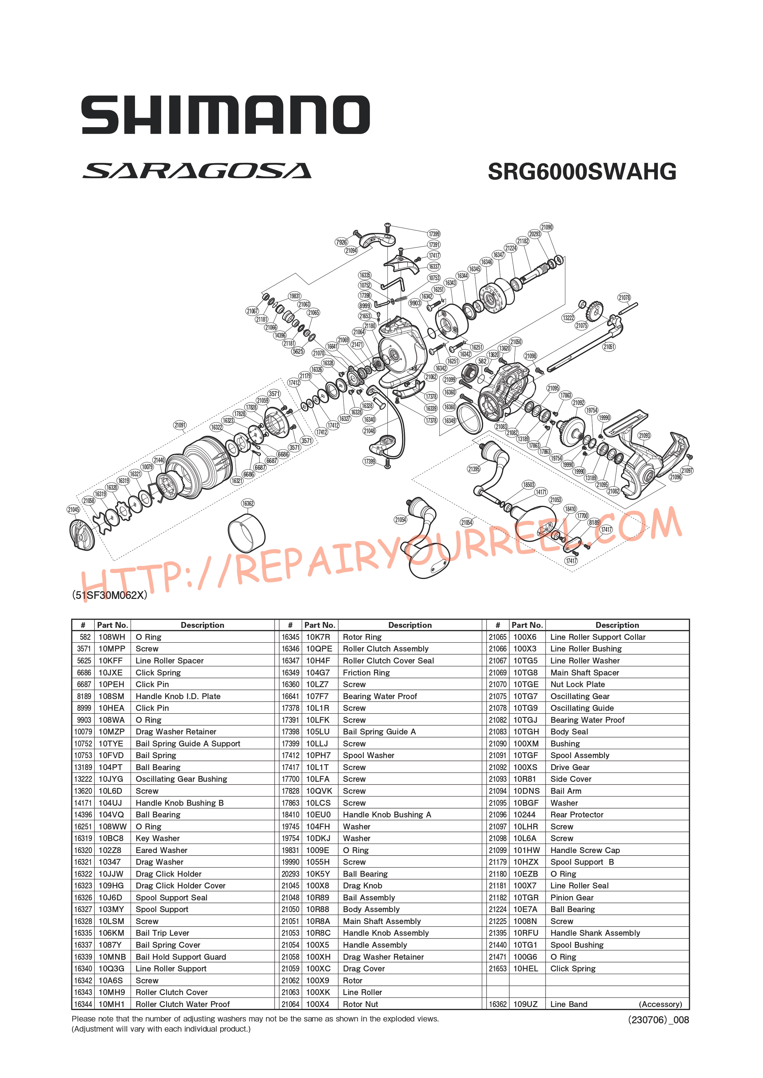 Vue éclatée du Shimano SARAGOSA SW6000HGA (2020)