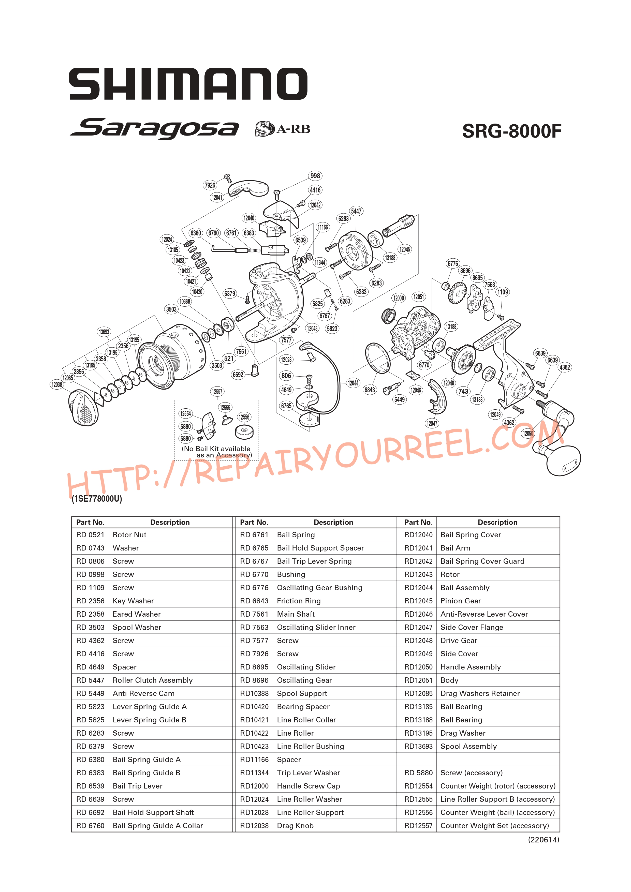 Vue éclatée du Shimano SARAGOSA 8000F (2008)