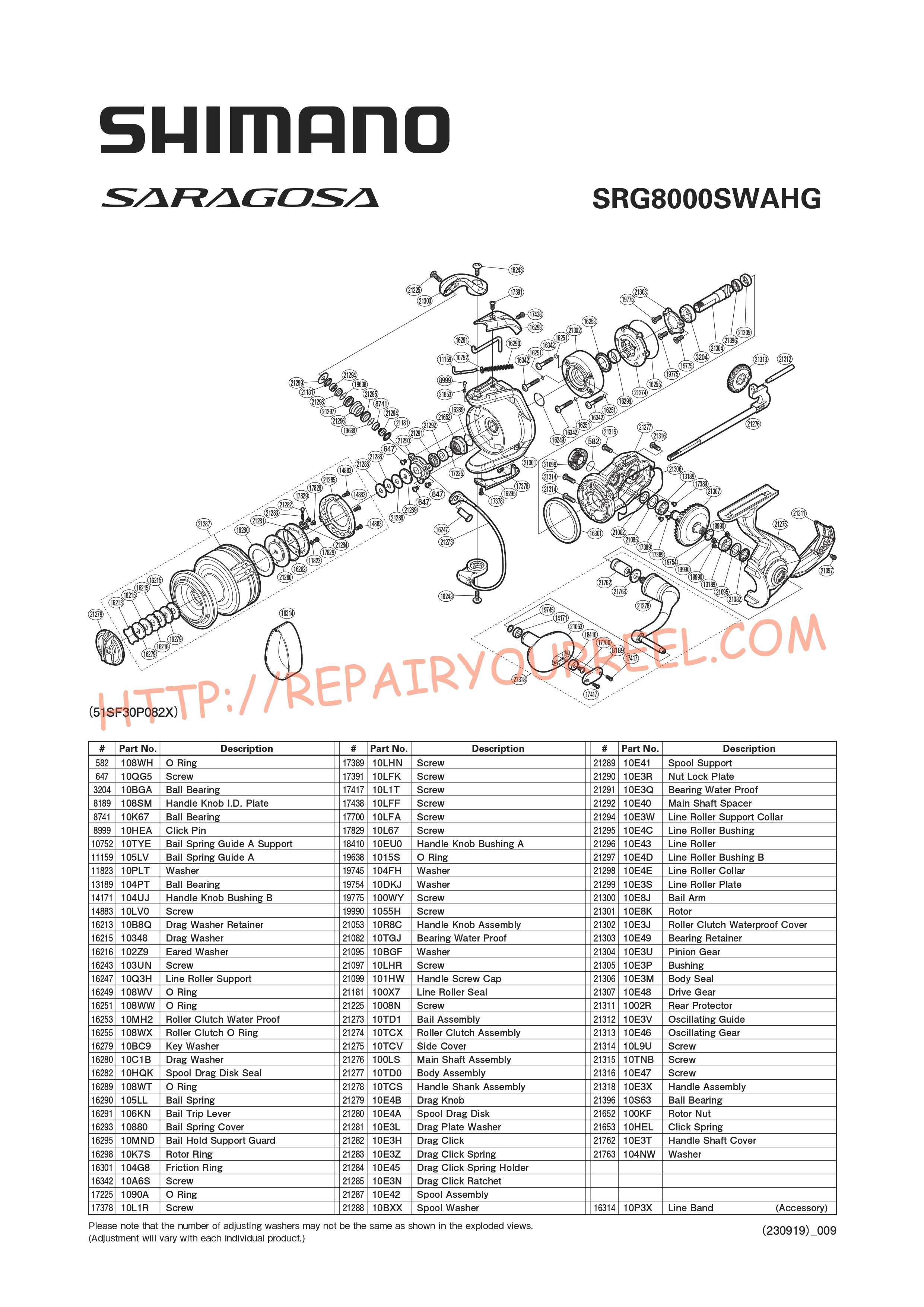 Vue éclatée du Shimano SARAGOSA SW8000HGA (2020)