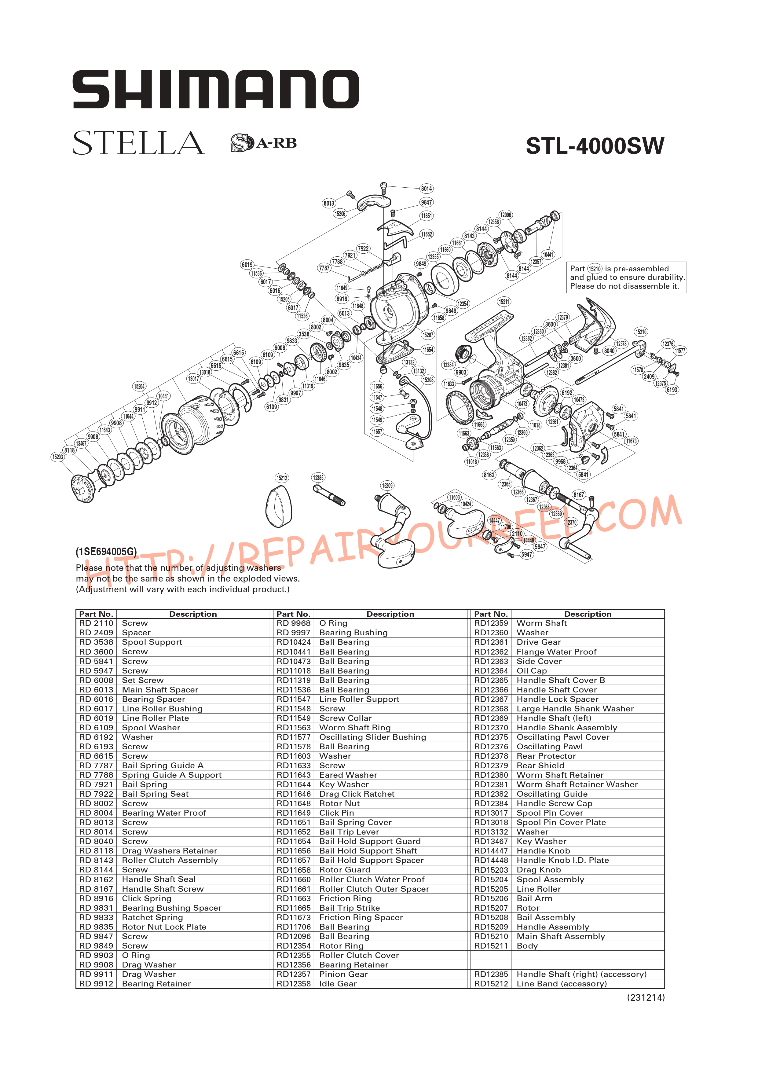 Vue éclatée du Shimano STELLA 4000SW (2009)