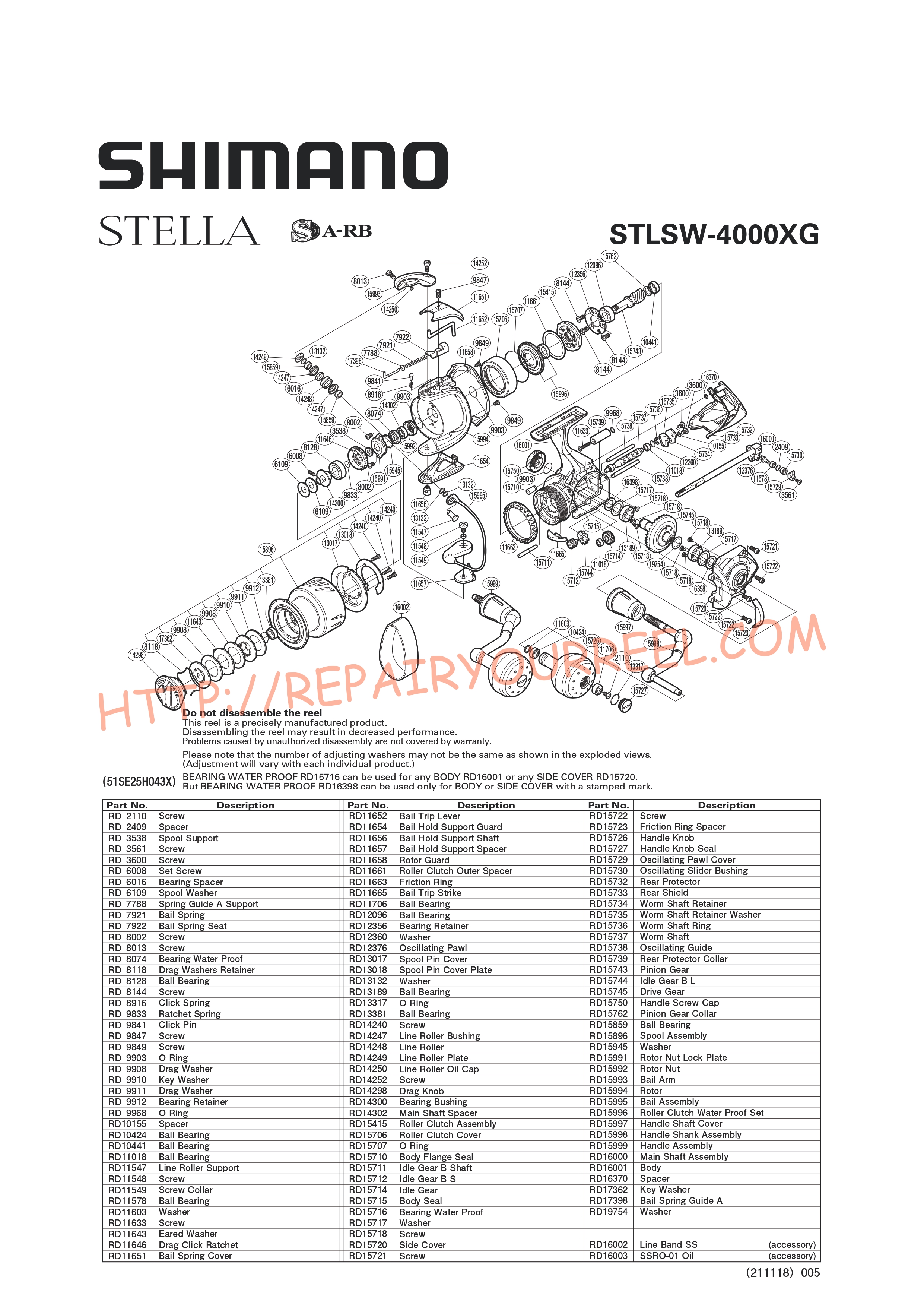 Vue éclatée du Shimano STELLA SW4000XGB (2013)