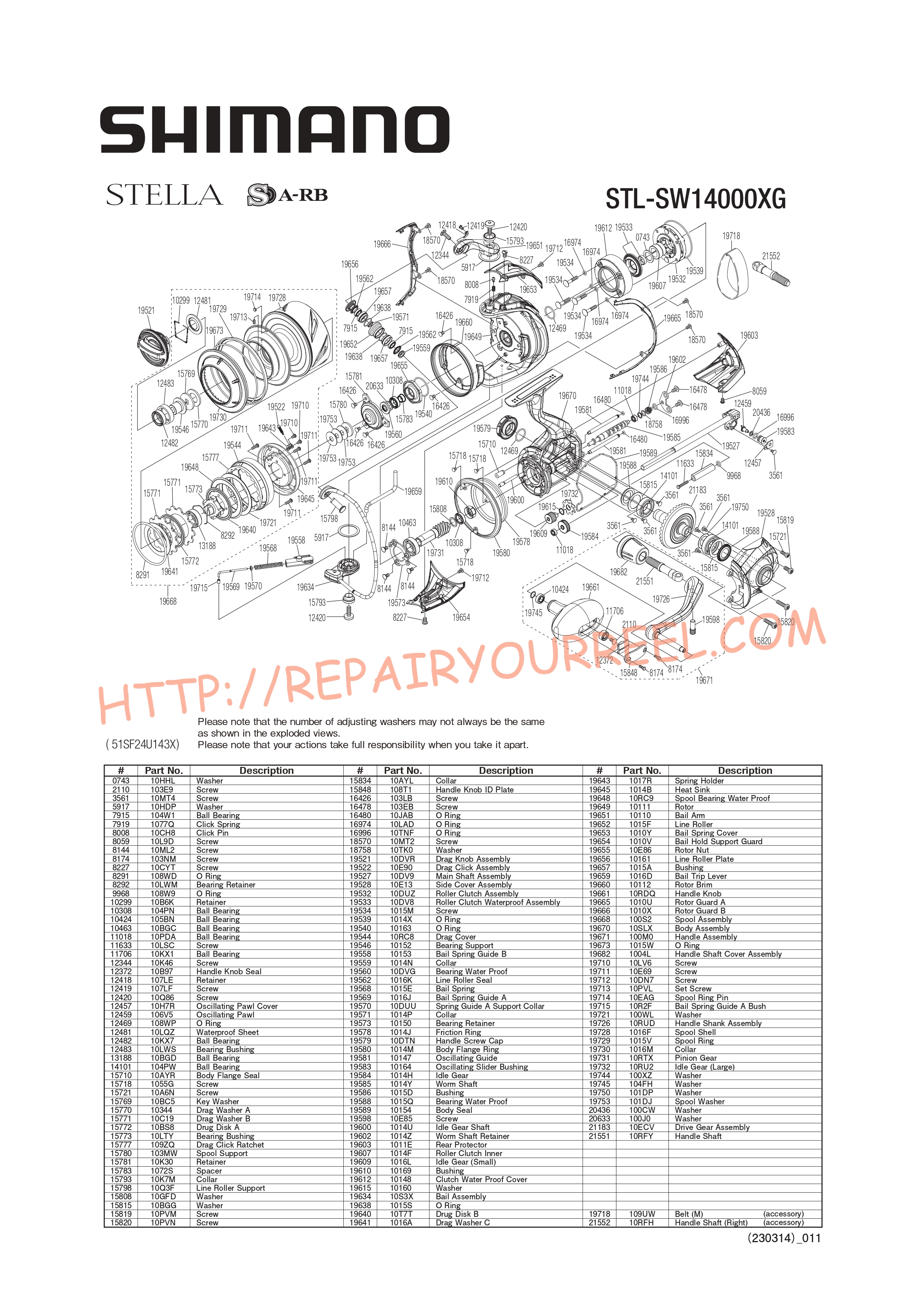 Vue éclatée du Shimano STELLA SW14000XGC (2019)