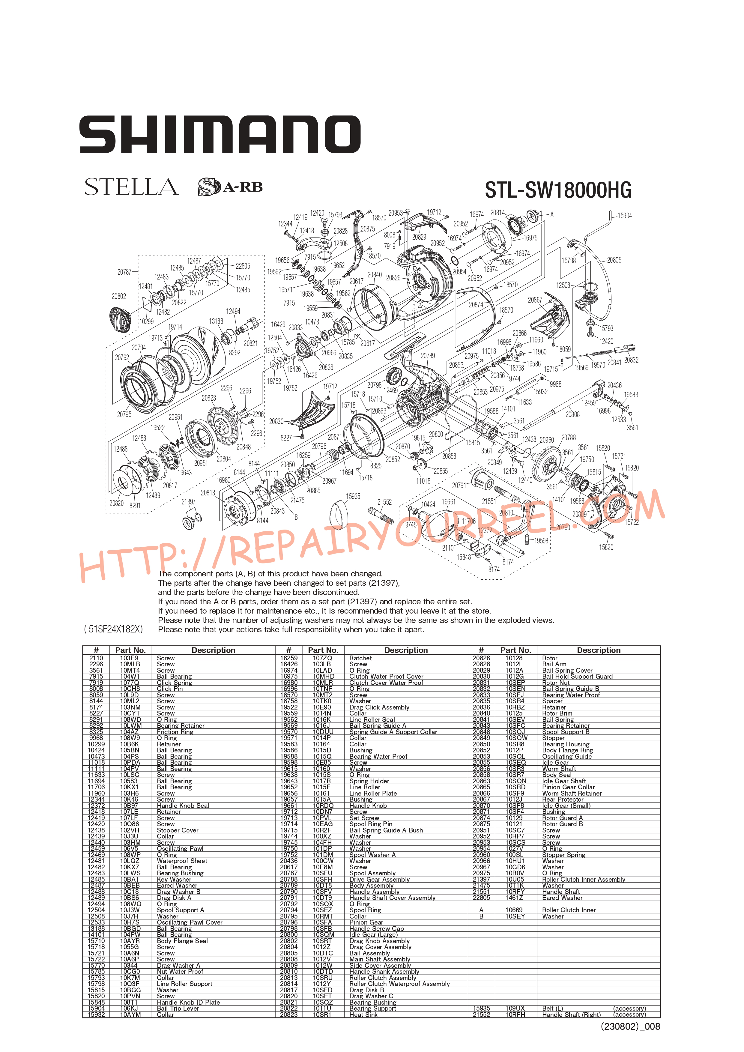 Vue éclatée du Shimano STELLA SW18000HGC (2020)