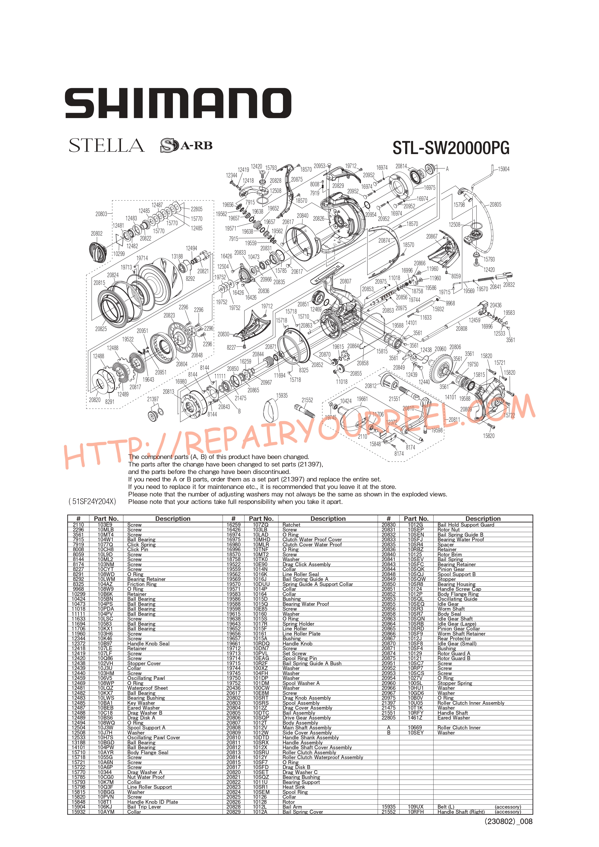Vue éclatée du Shimano STELLA SW20000PGC (2020)