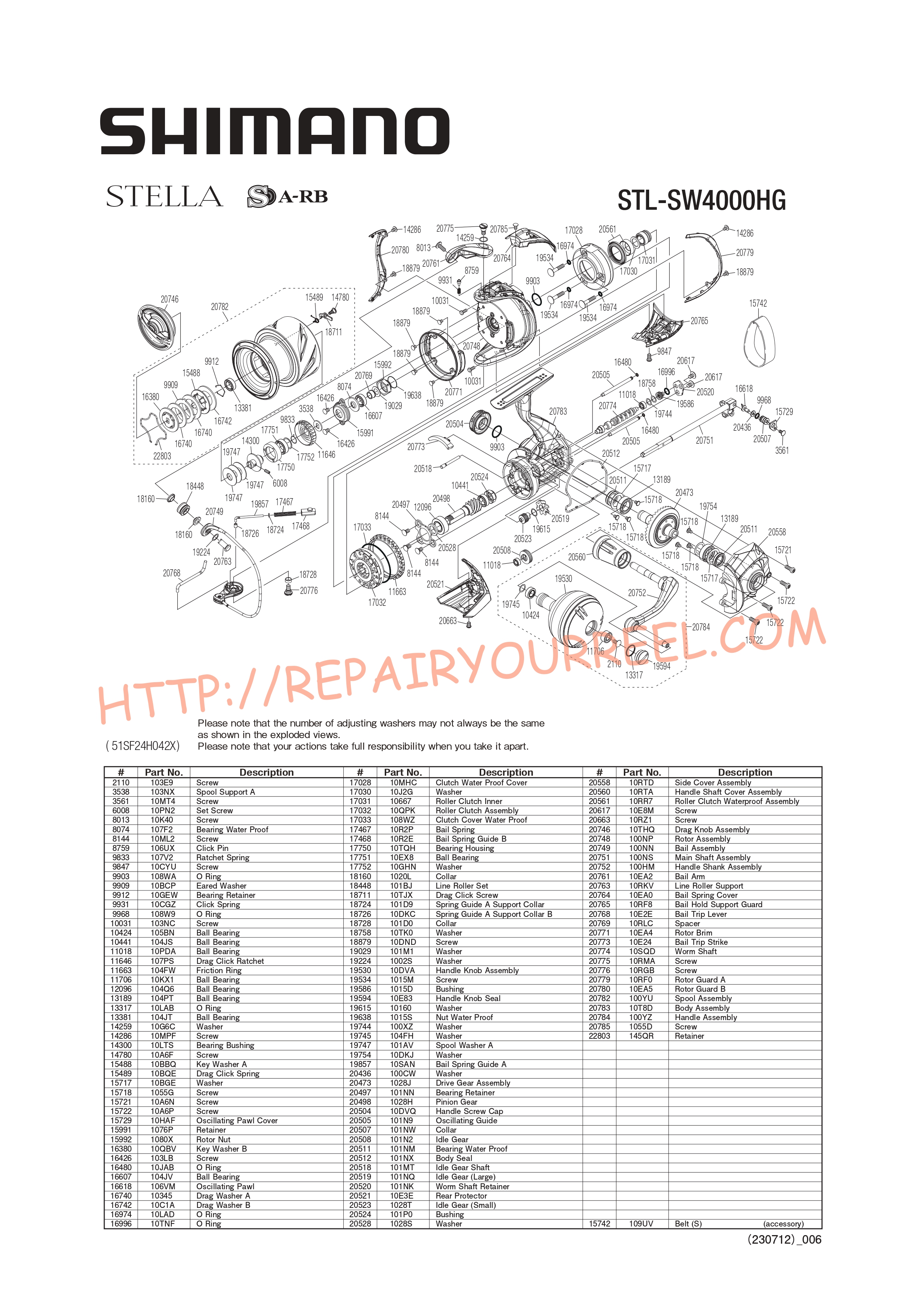 Vue éclatée du Shimano STELLA SW4000HGC (2020)