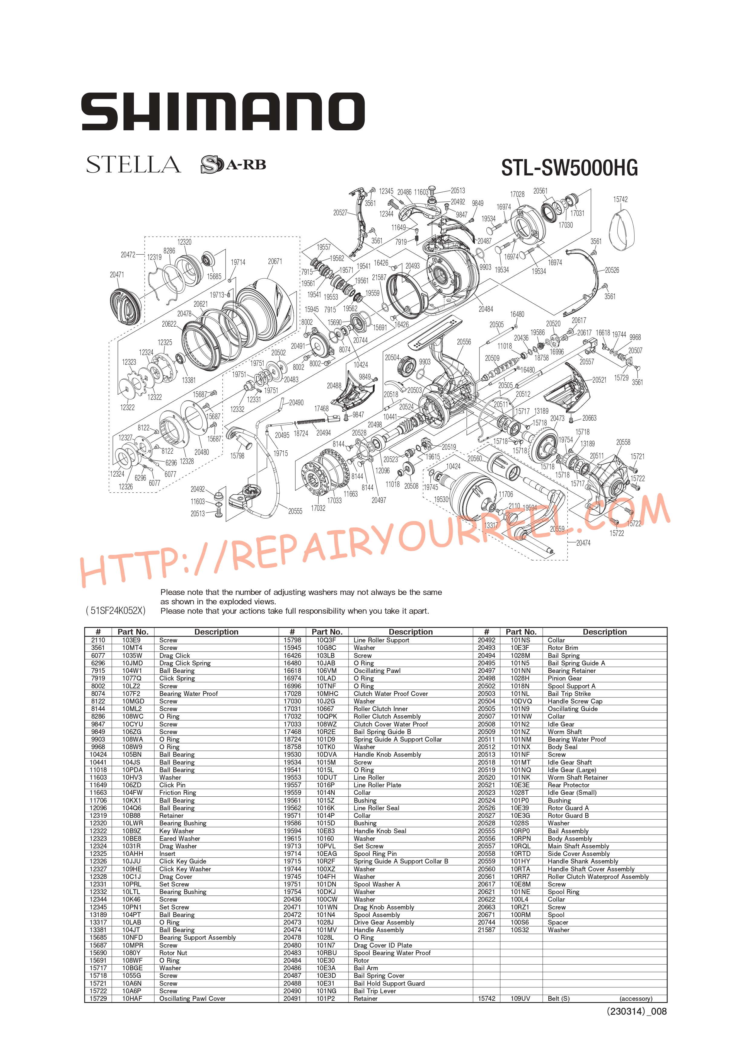 Vue éclatée du Shimano STELLA SW5000HGC (2020)