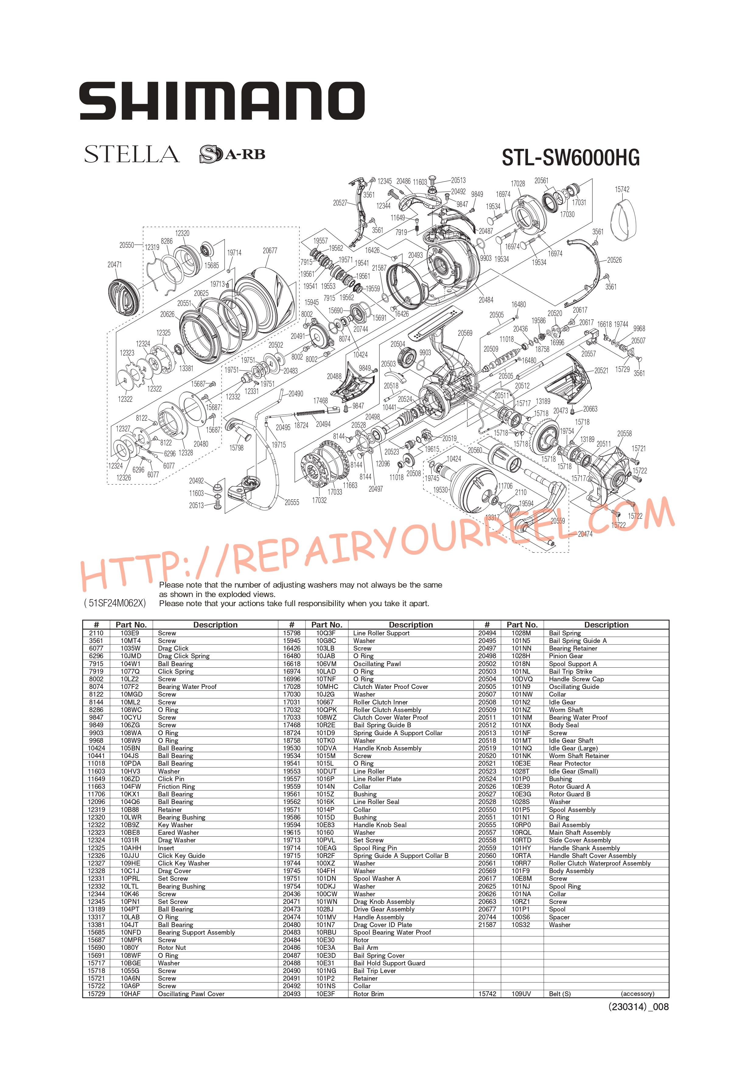 Vue éclatée du Shimano STELLA SW6000HGC (2020)