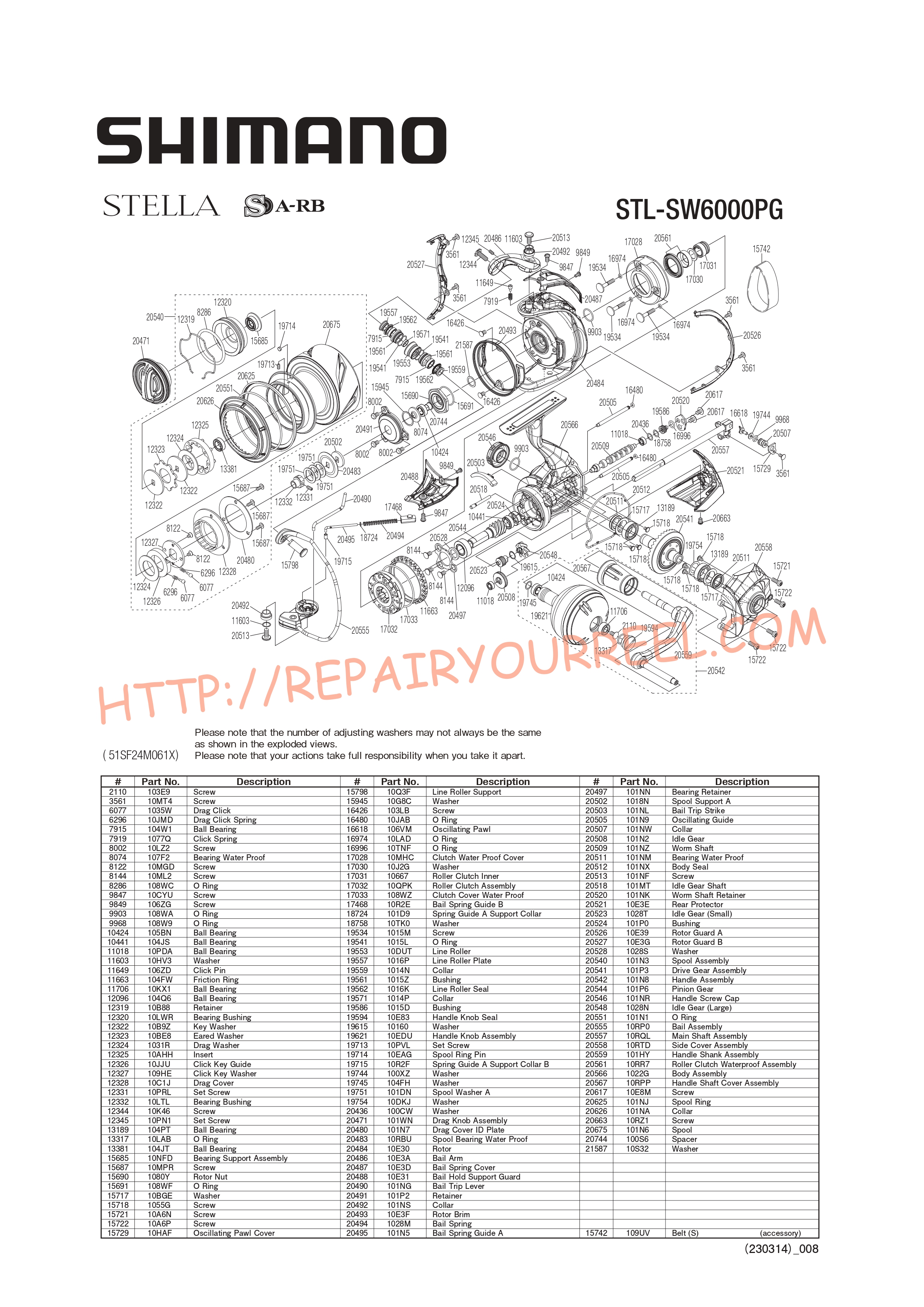 Vue éclatée du Shimano STELLA SW6000PGC (2020)