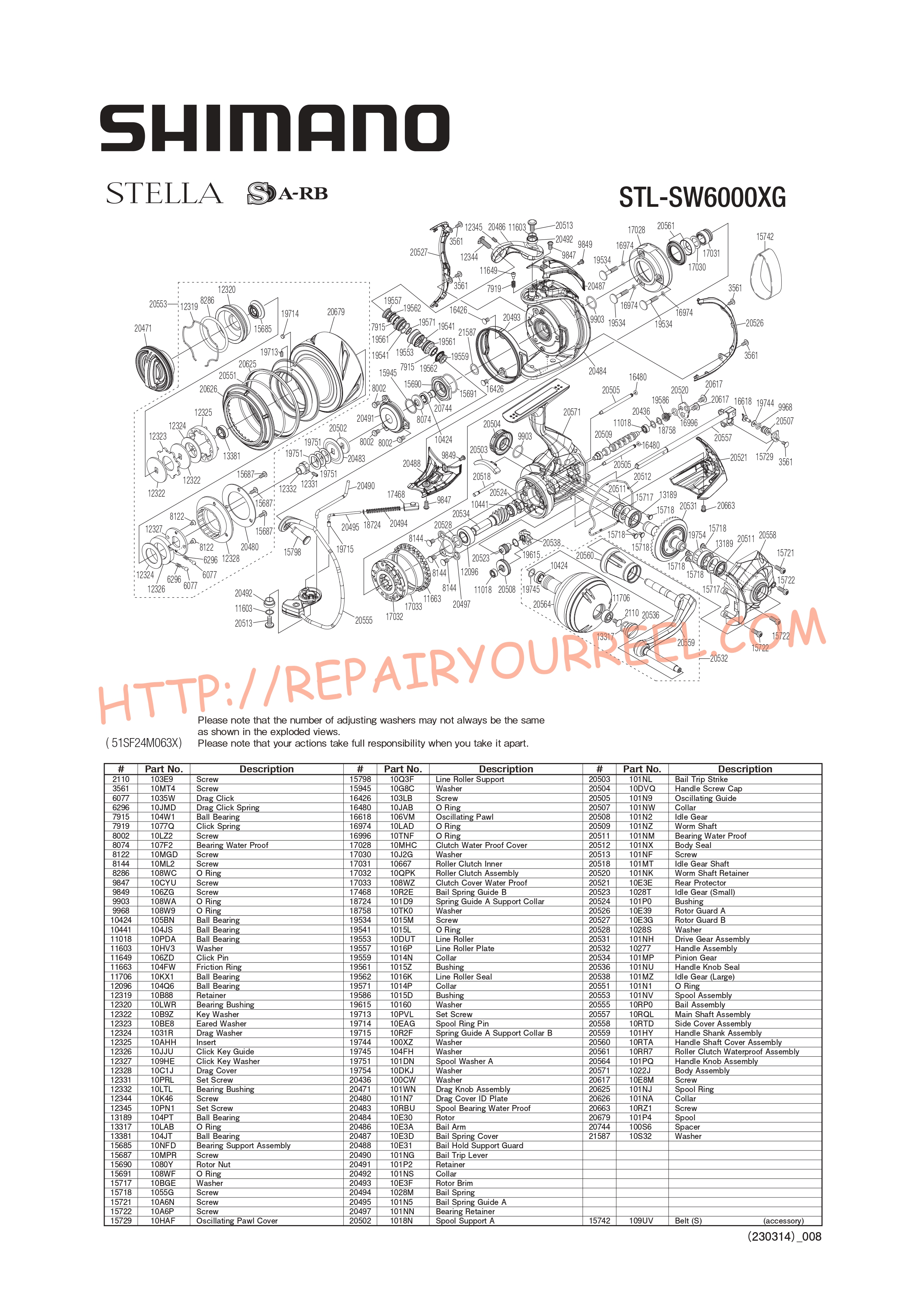 Vue éclatée du Shimano STELLA SW6000XGC (2020)