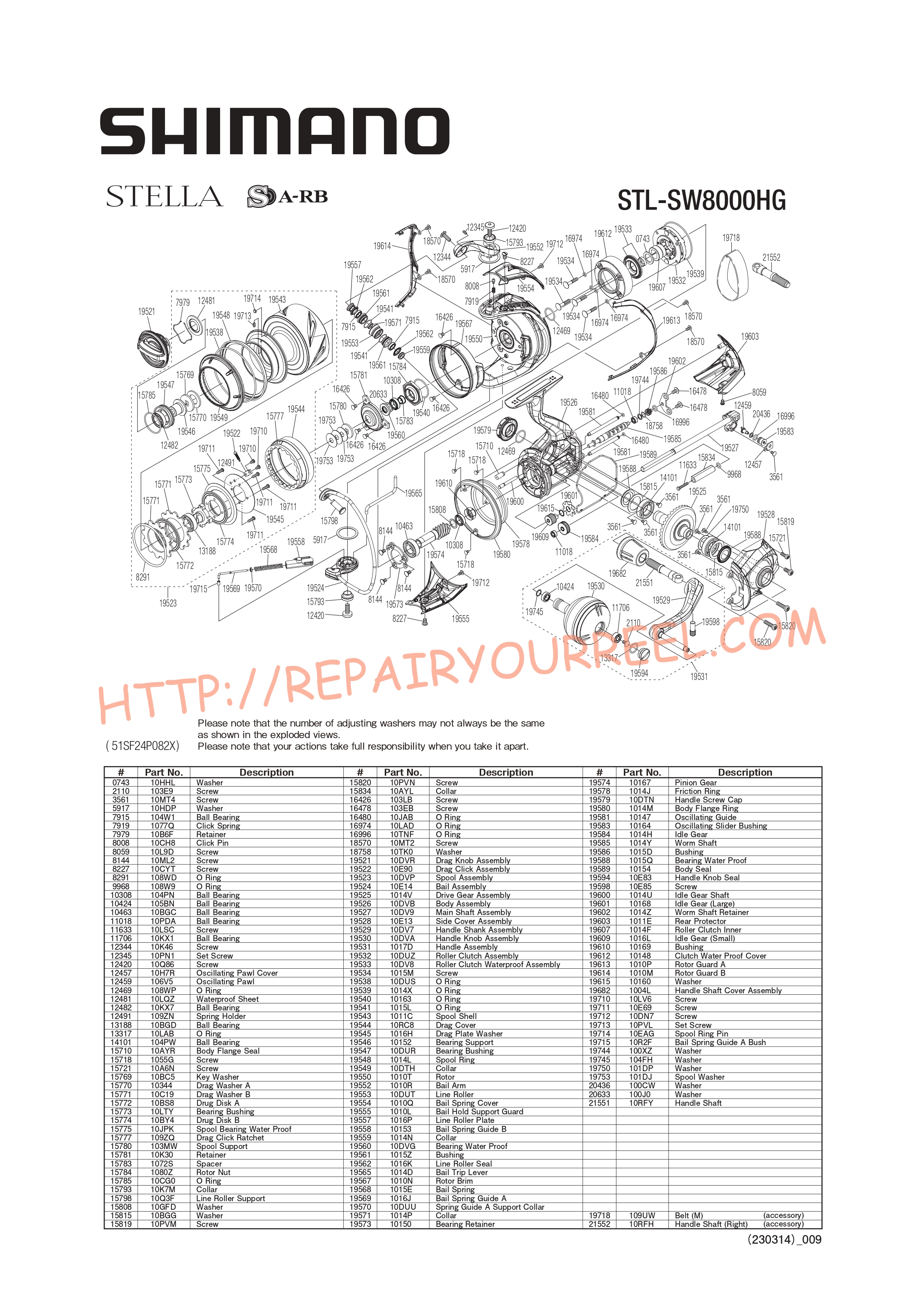 Vue éclatée du Shimano STELLA SW8000HGC (2019)