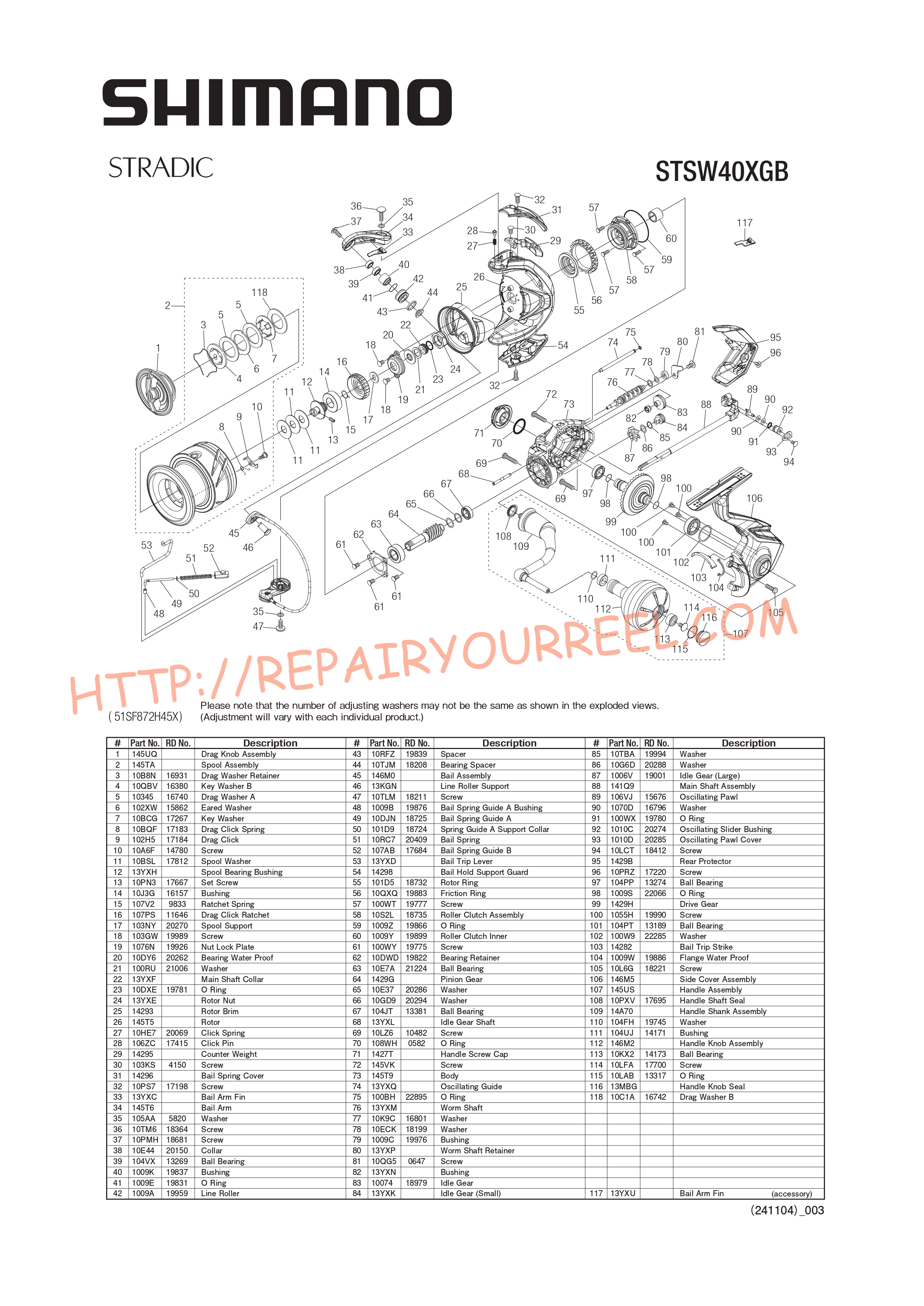 Vue éclatée du Shimano STRADIC SW4000XG (2024)