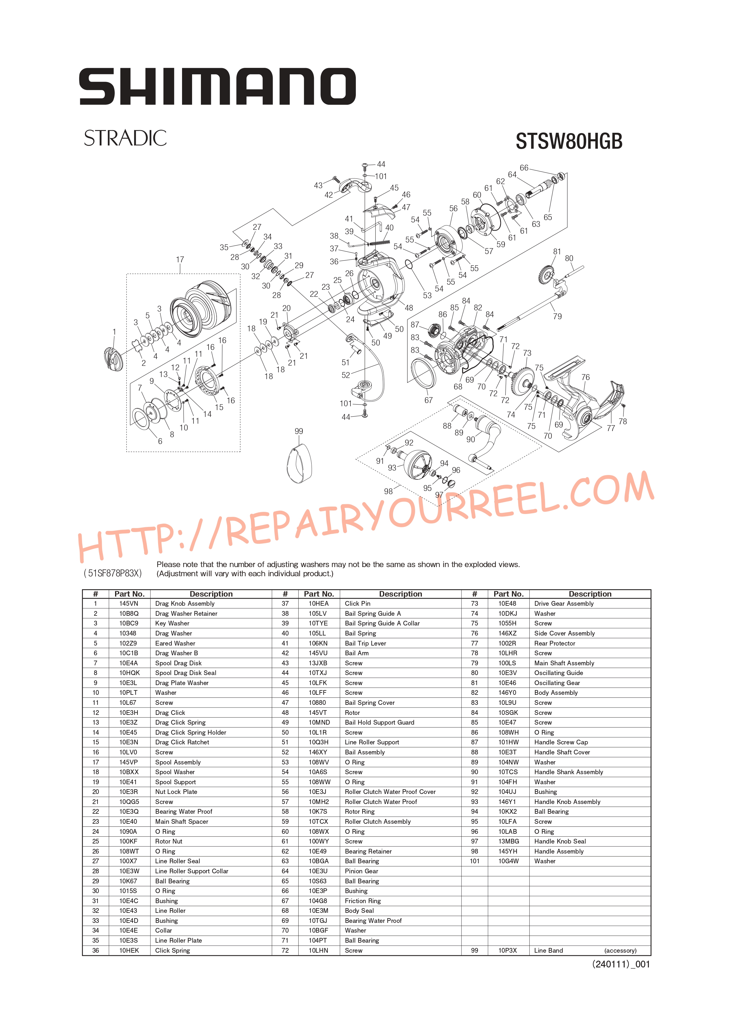 Vue éclatée du Shimano STRADIC SW8000HG (2024)