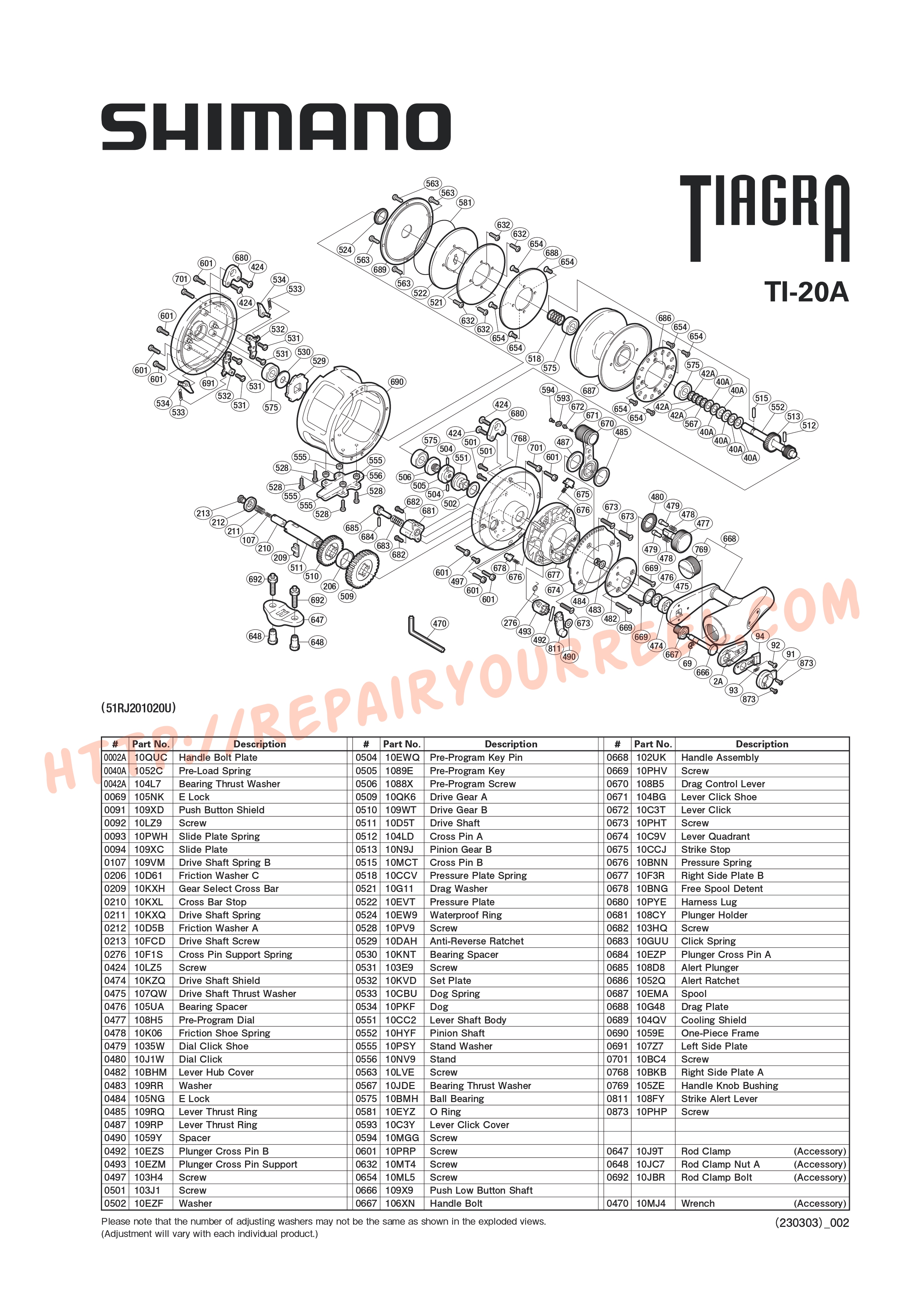 Vue éclatée du Shimano TIAGRA 20A (2005)