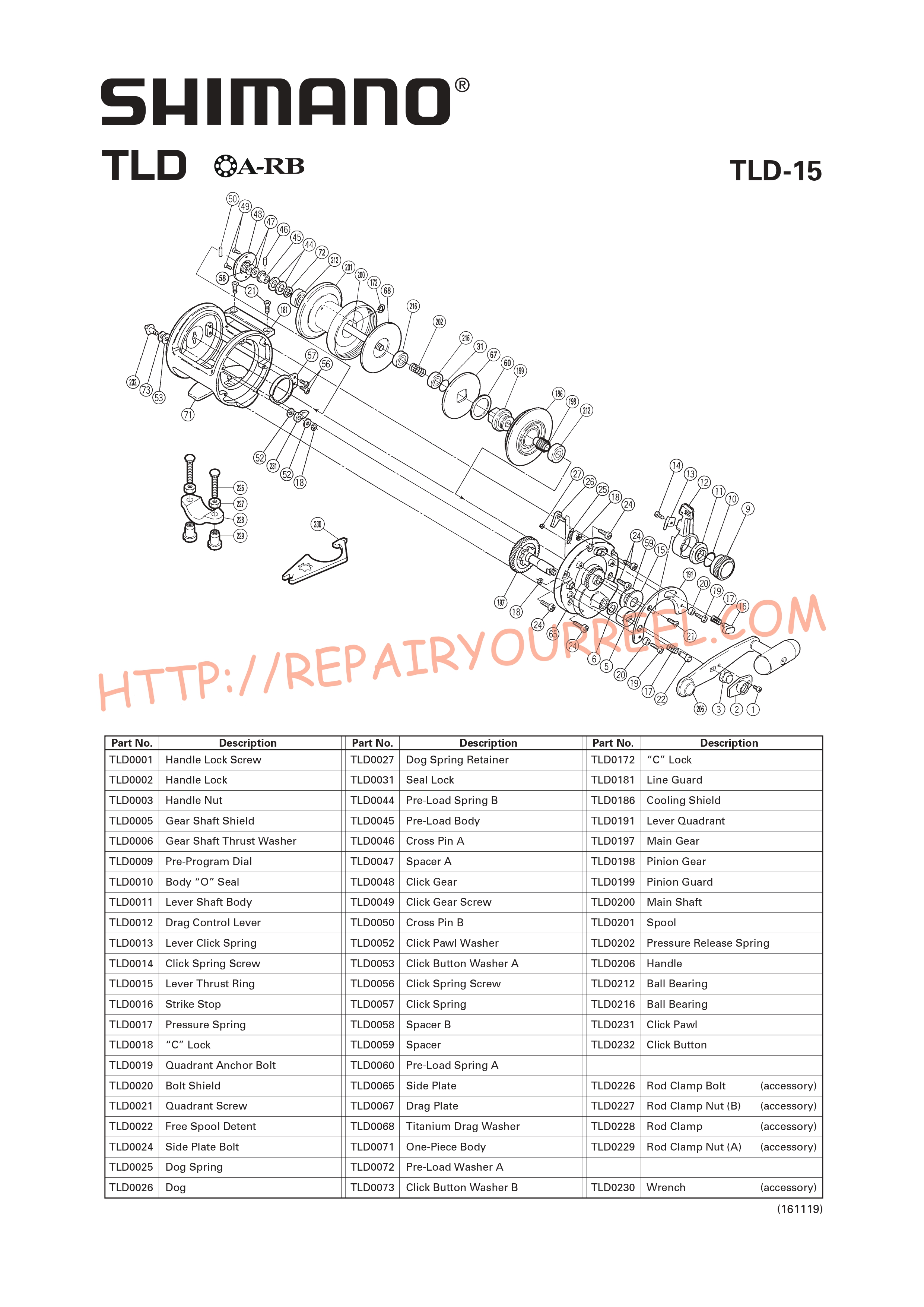 Vue éclatée du Shimano TLD 15 (1998)