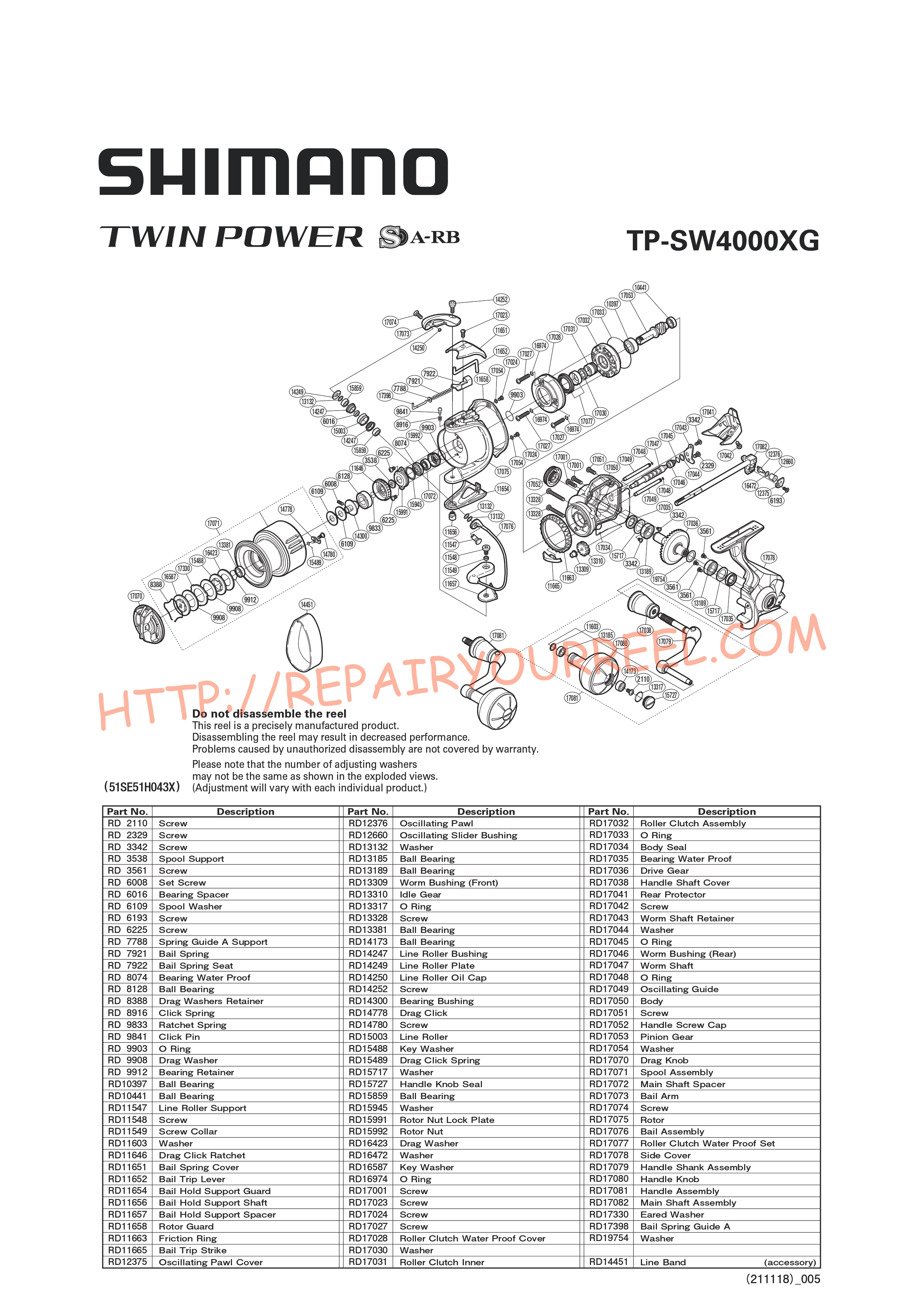Vue éclatée du Shimano TWINPOWER SW4000XGB (2015)