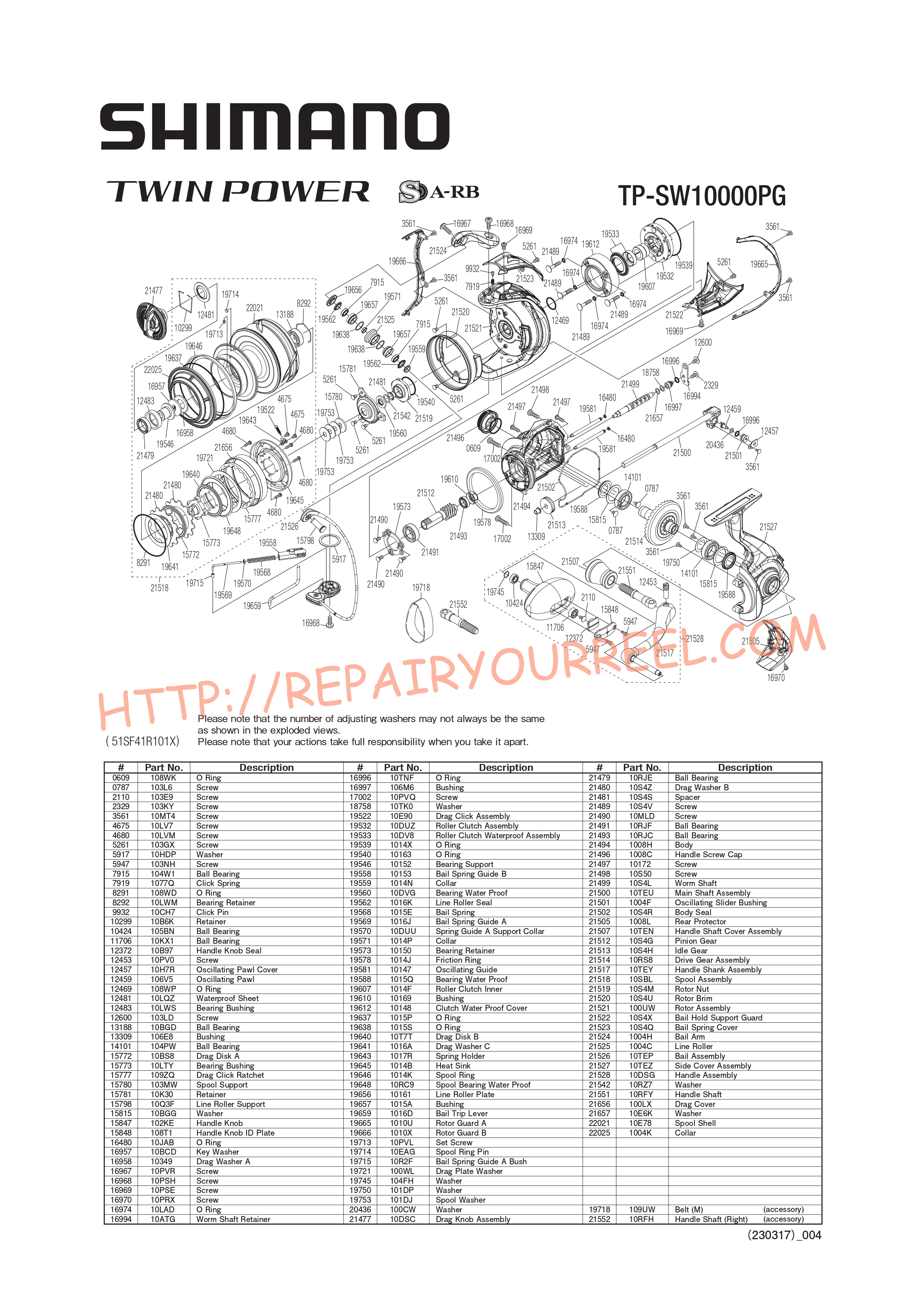 Vue éclatée du Shimano TWINPOWER SW10000PGC (2021)