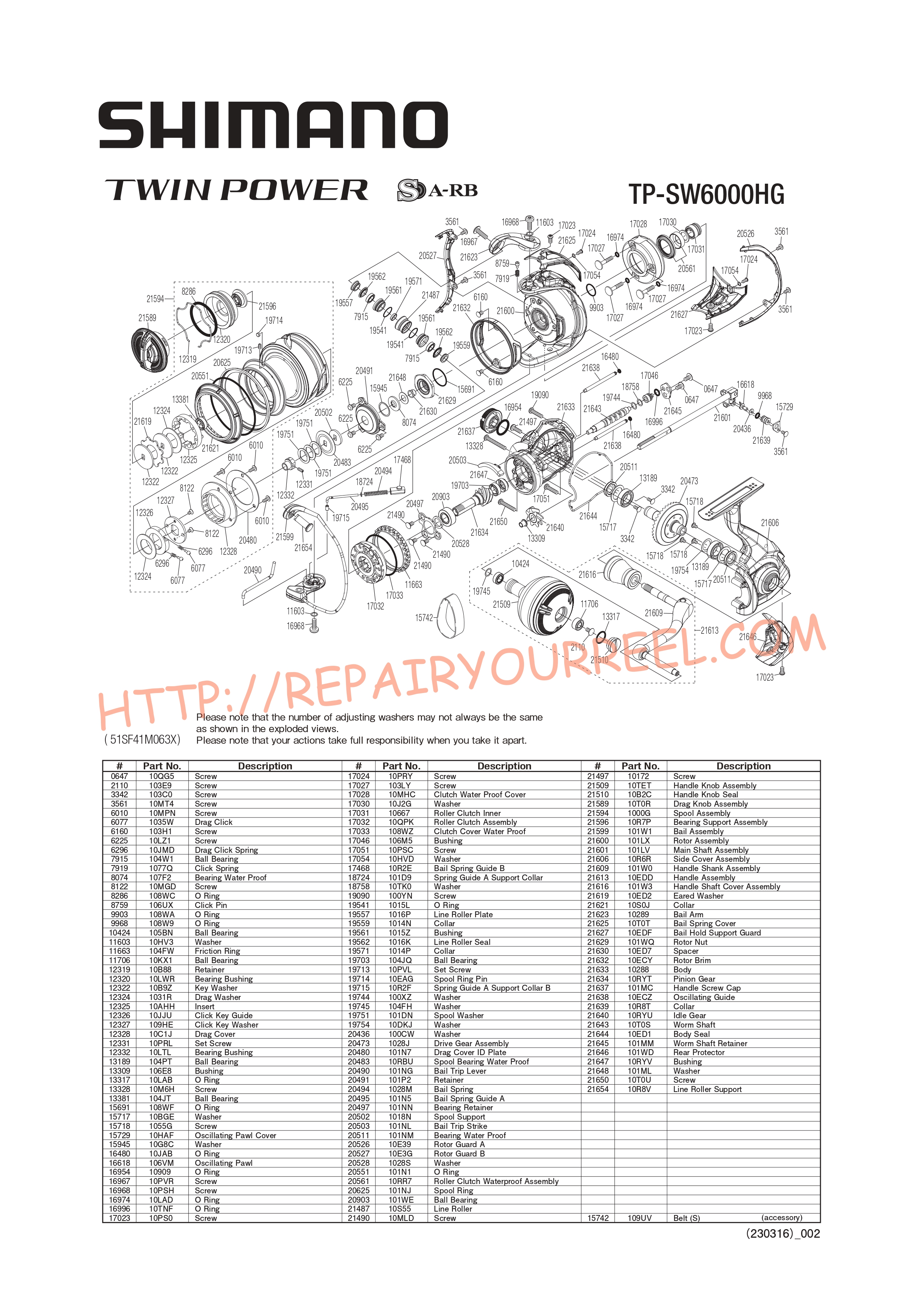 Vue éclatée du Shimano TWINPOWER SW6000HGC (2021)