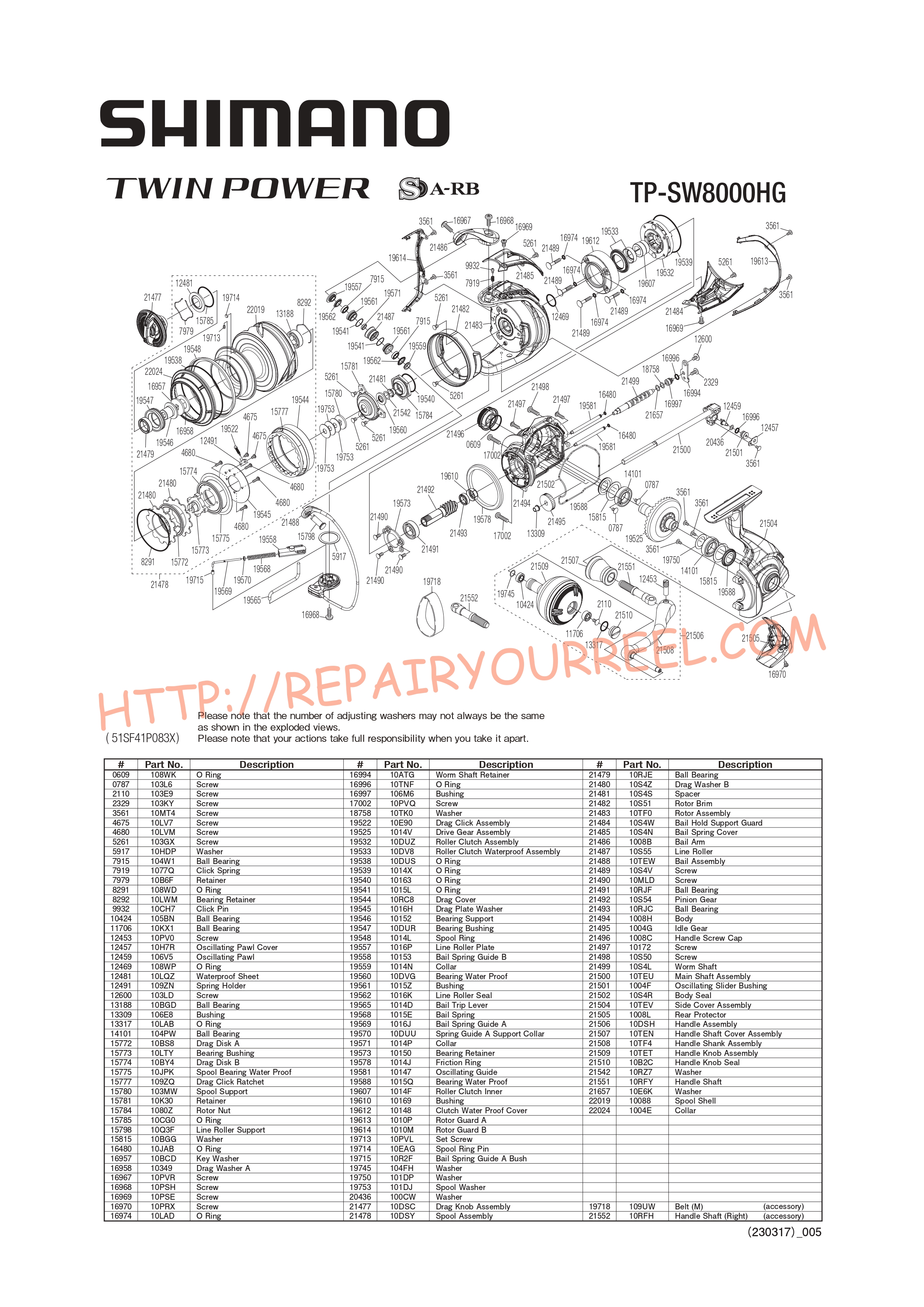 Vue éclatée du Shimano TWINPOWER SW8000HGC (2021)