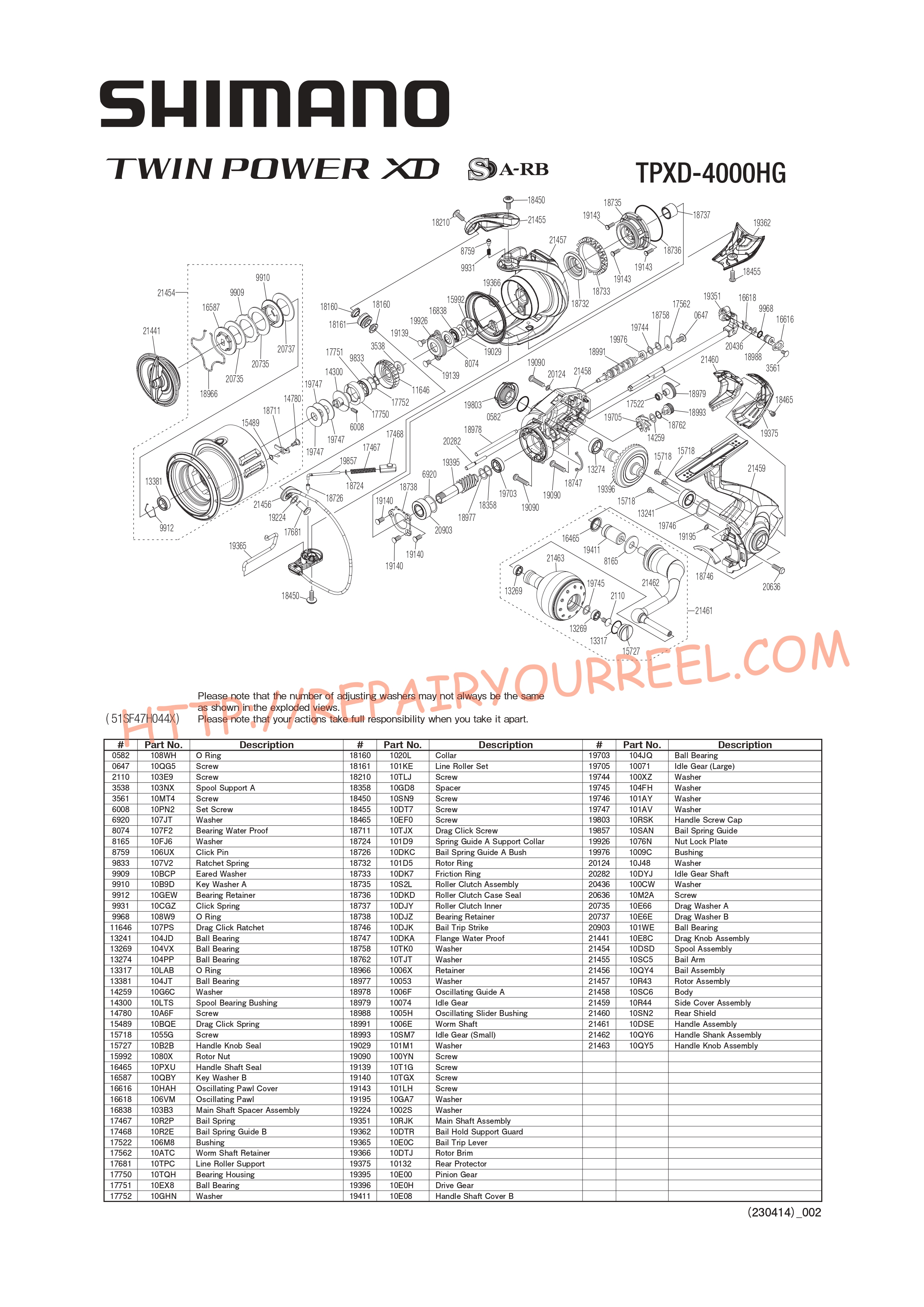Vue éclatée du Shimano TWINPOWER XD4000HGFA (2021)