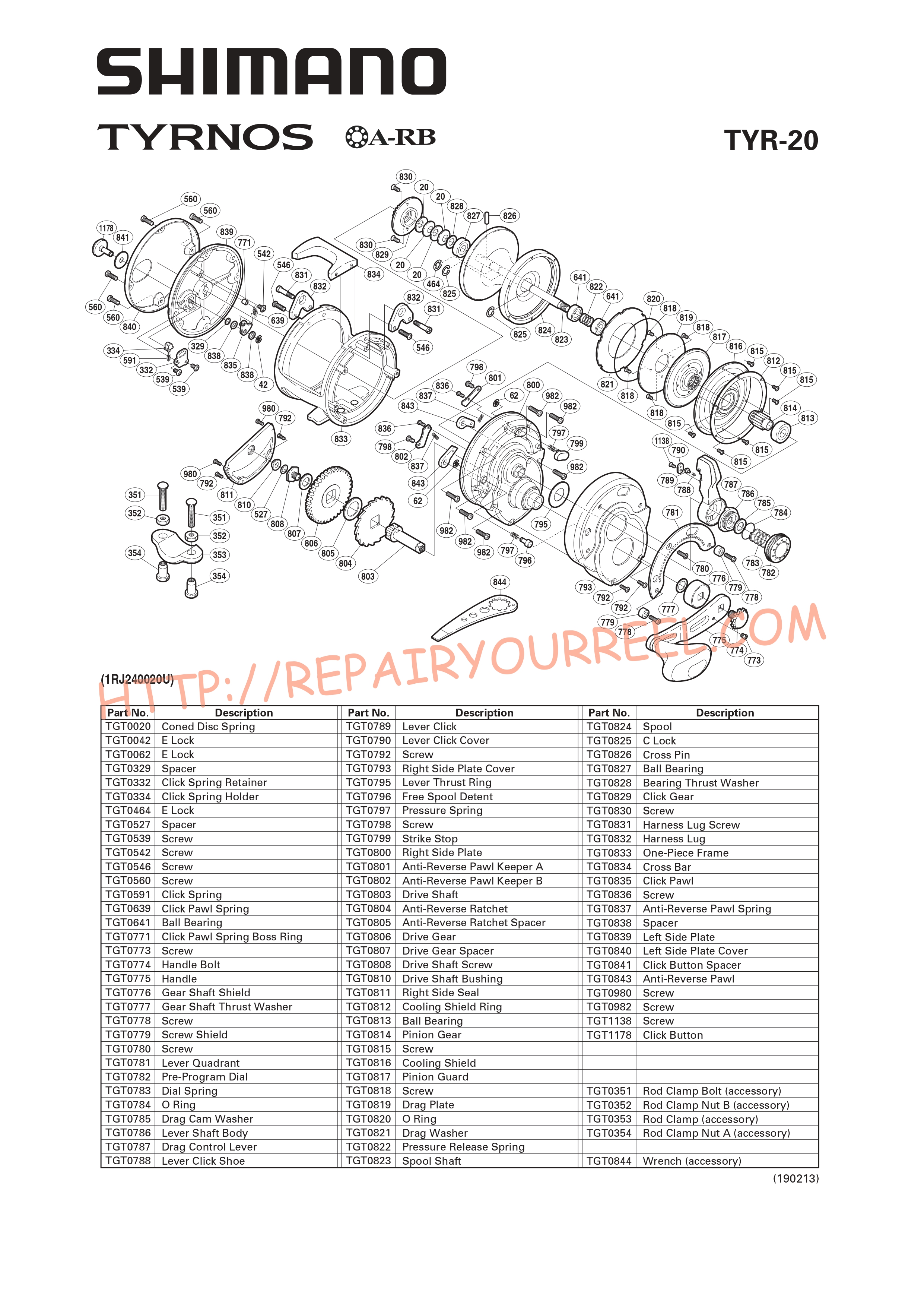 Vue éclatée du Shimano TYRNOS 20 (2005)