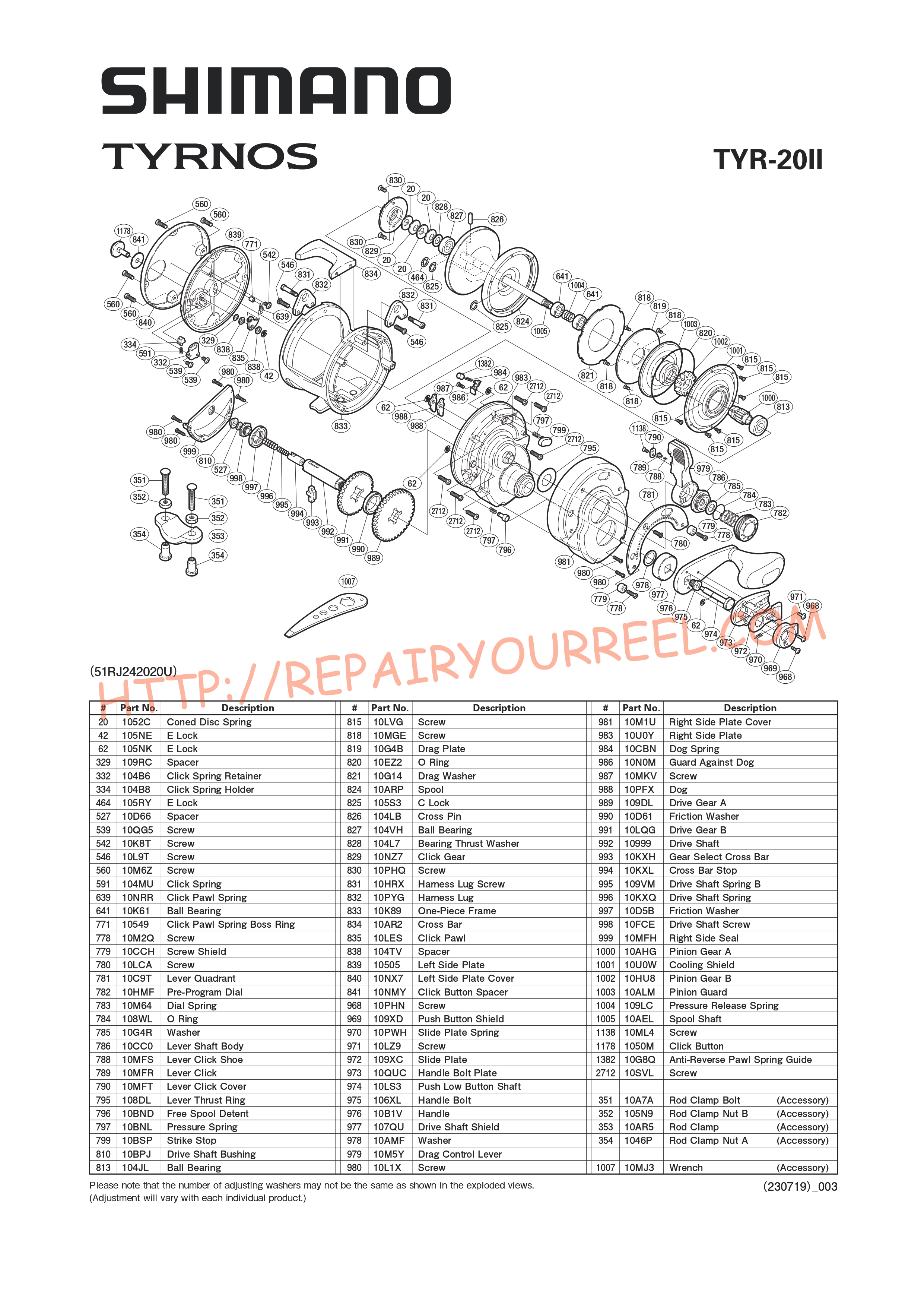Vue éclatée du Shimano TYRNOS 20II (2005)