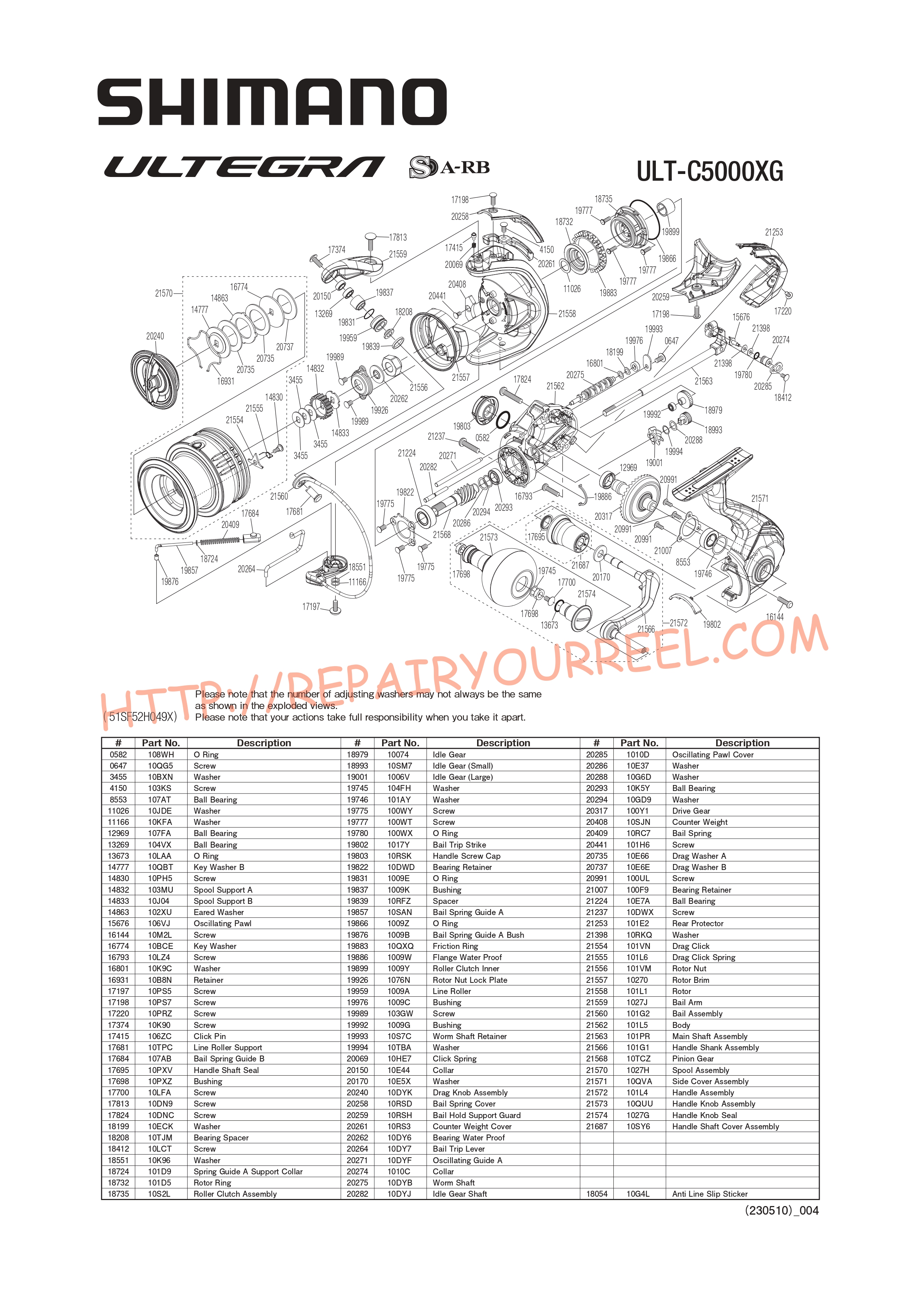 Vue éclatée du Shimano ULTEGRA C5000XGFC (2021)